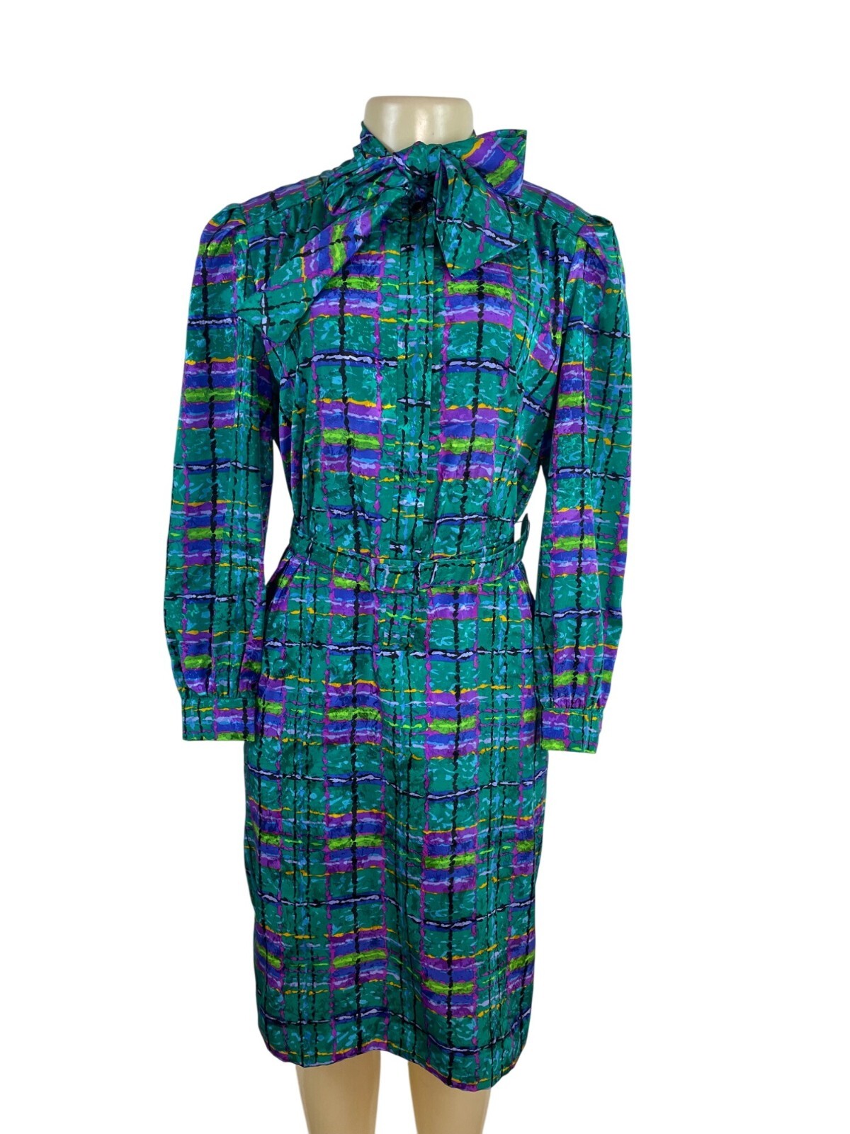 Vintage 80s Don Elliot Women’s Abstract Print Long-Sleeve Belted Dress Size 8