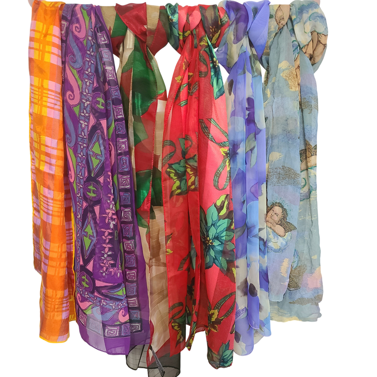 Vintage Estate Lot 6 Scarves Japan USA Satin Silk Polyester MOD Fun & Colorful