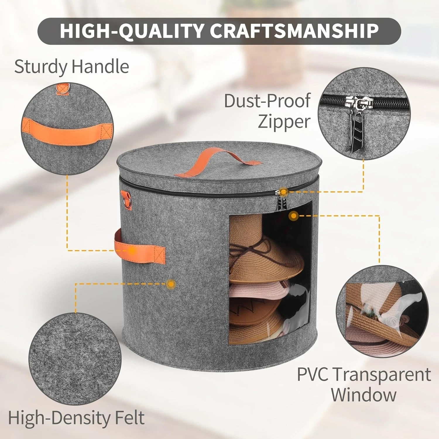 Oversized Hat Storage Box for Women & Men，19″ D x 17″ H Cowboy 001, 001-Grey