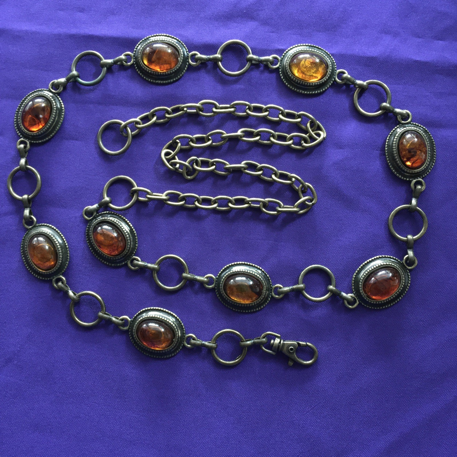 Vintage Brass Tone Metal Chain Link Belt with Faux Amber Cabochons 57”