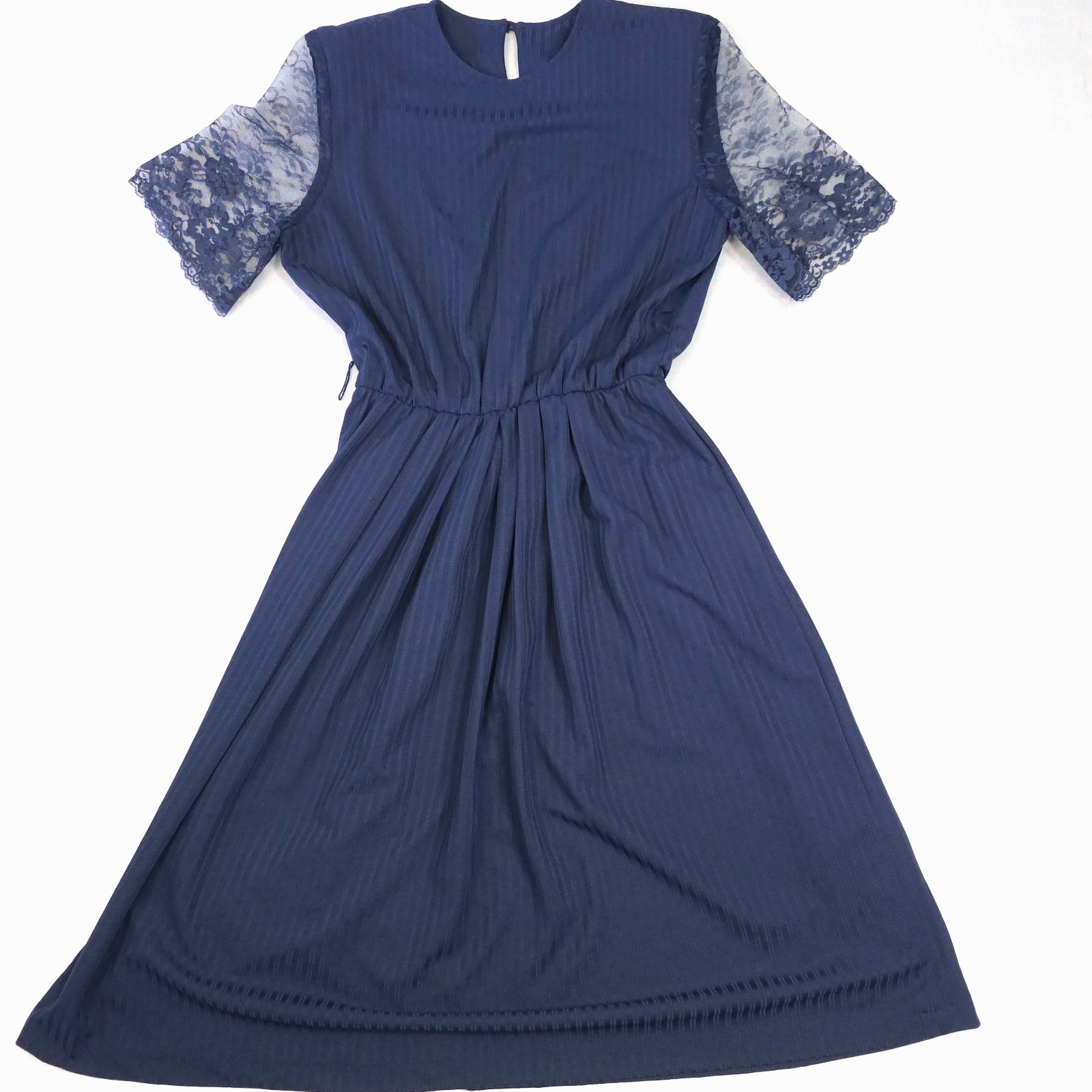 Vtg 1970s 80s Navy Sheer Lace Sleeve Dress Midi Secretary Geek USA Stripe Calif