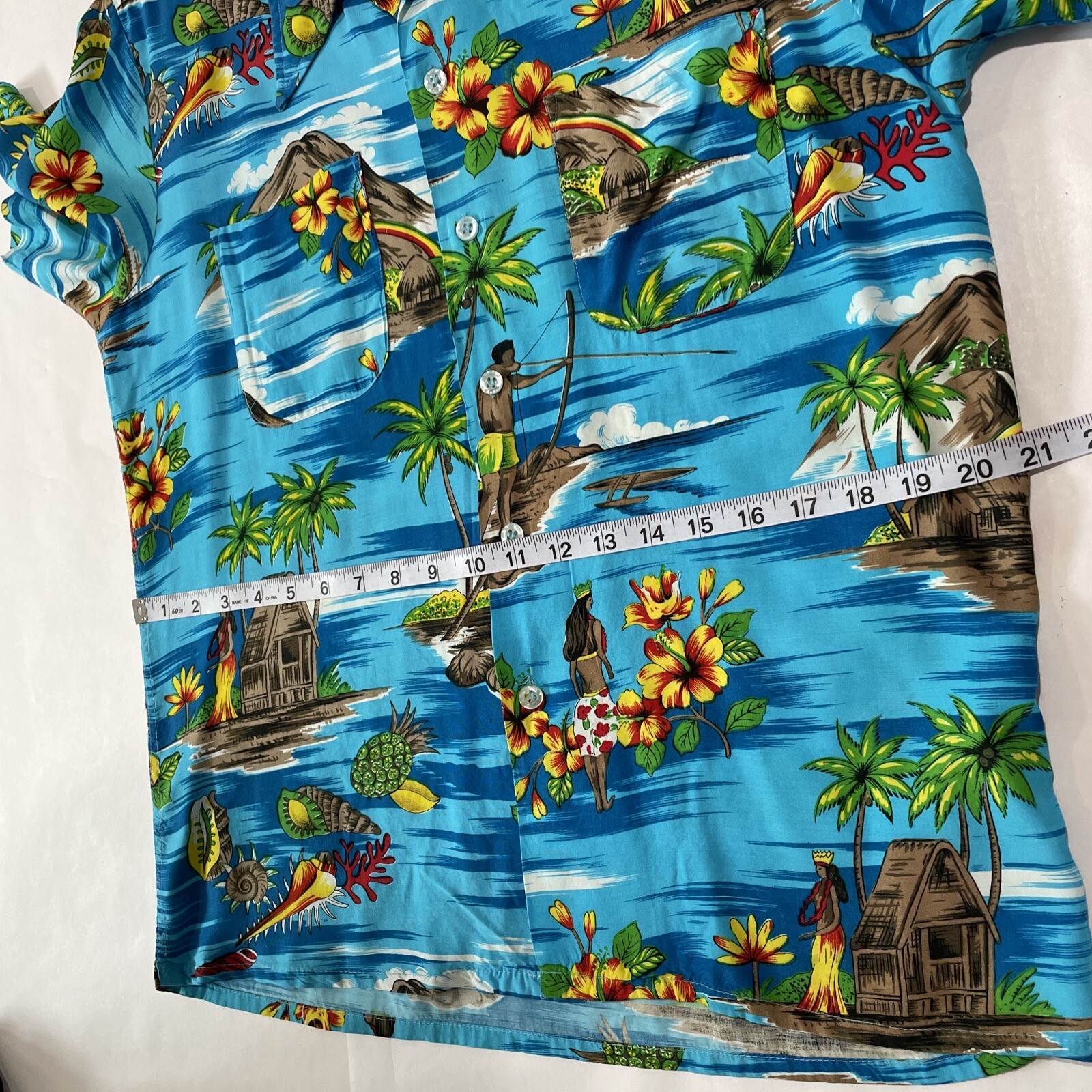 VTG 70s Hawaiian Holiday Hawaiian Shirt Rainbow Volcano RAYON KOREA SZ M (FLAW