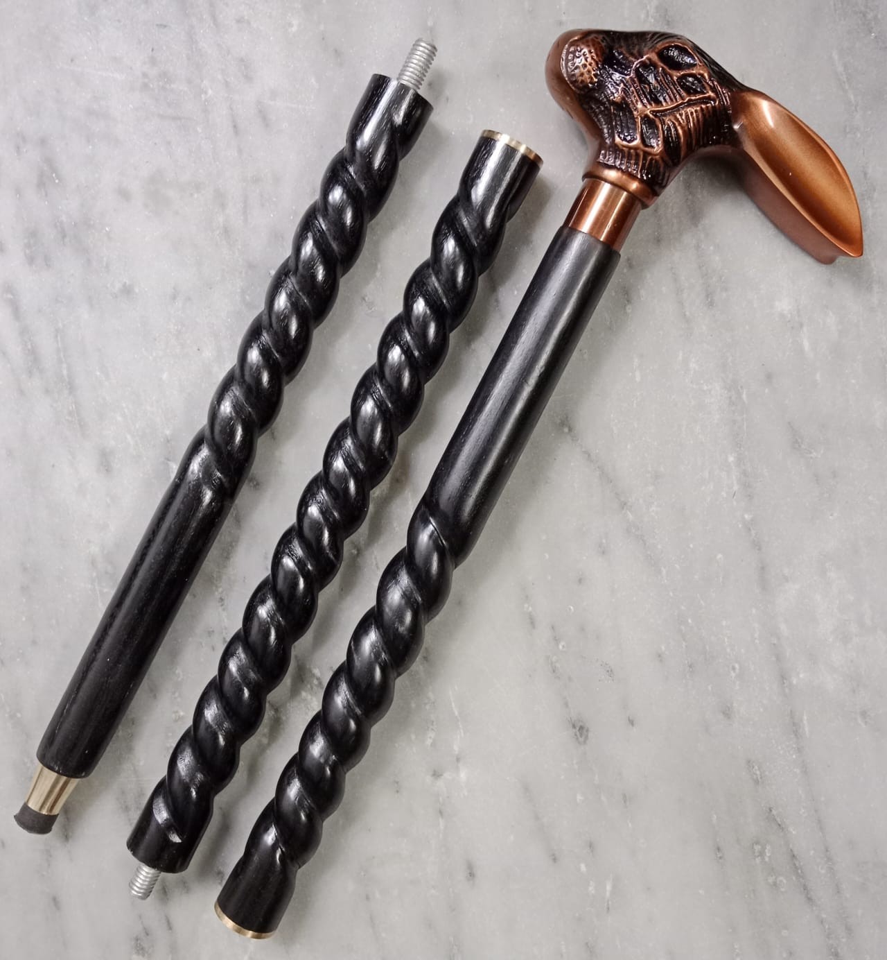 Copper Antique Finish Rabbit Head Handle Spiral Wooden Cane 3Fold Walking Stick