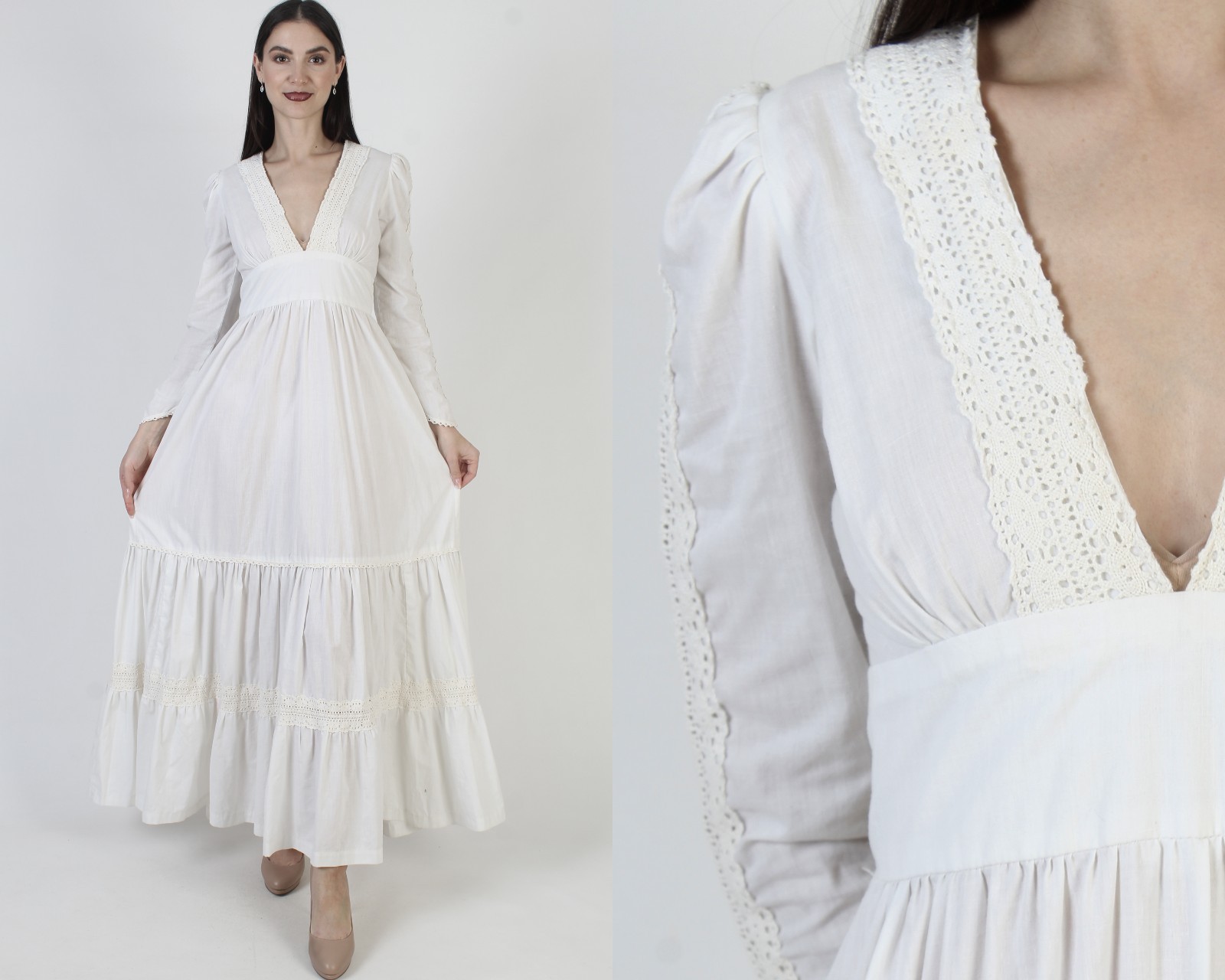 Vtg 70s Wht Prairie Wedding Dress Crochet Cottage Boho Wedding Peasant Gown 11
