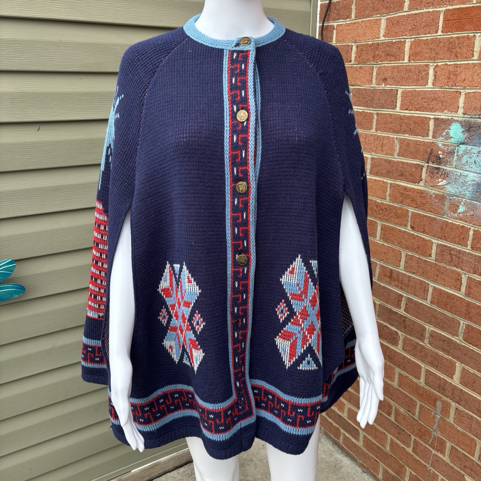 VTG STURBRIDGE 70S BOHO SWEATER CAPE SOUTHWESTERN WEAVER HIPPIE ONE SIZE
