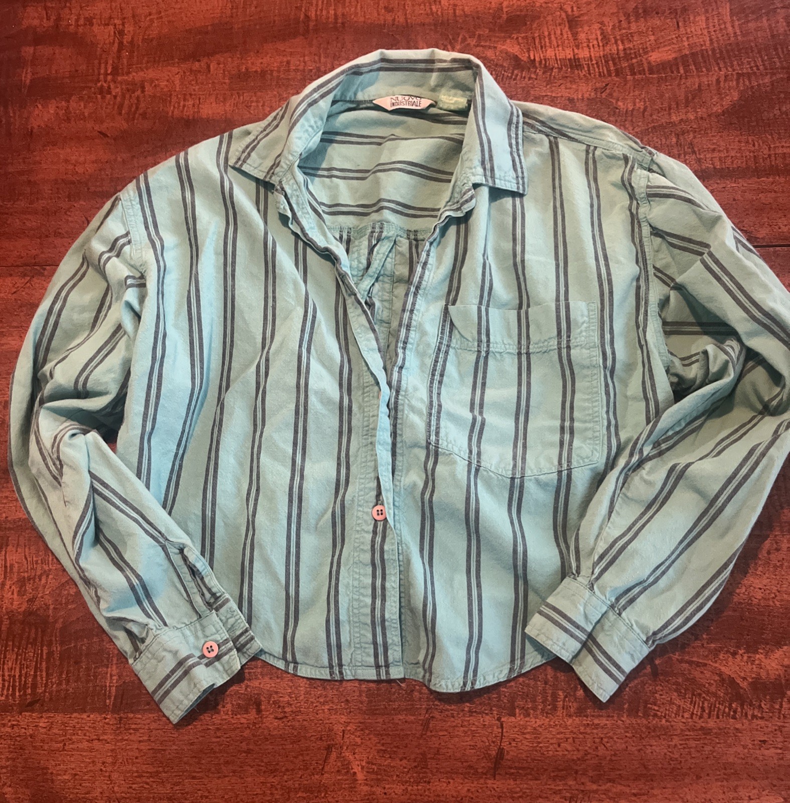 Vintage Women’s Teal Stripe Cotton Feel Button Shirt Boxy Crop Coastal Cottage