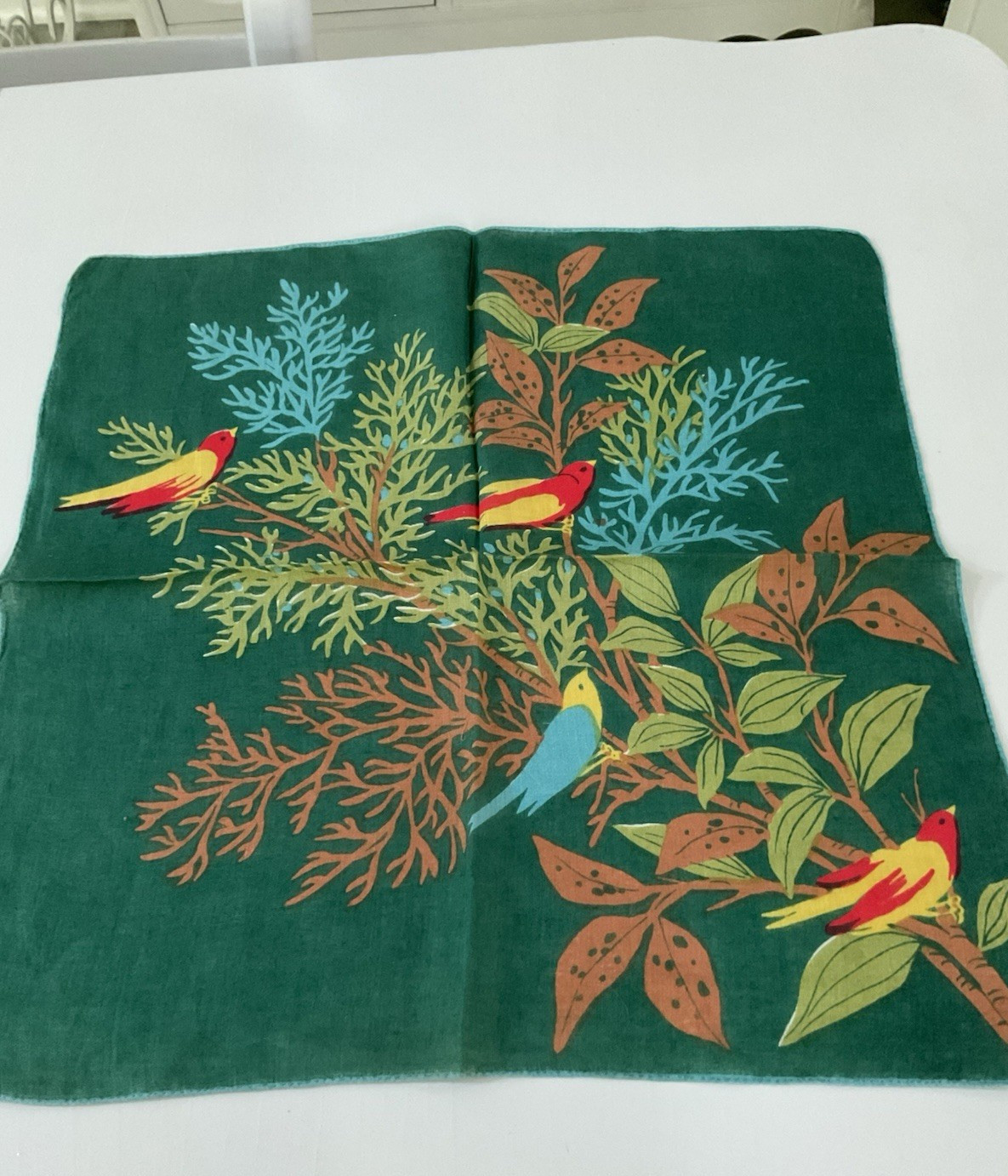 Vintage Hankie Handkerchief – BEAUTIFUL BIRDS ON GREEN BACKGROUND 15″