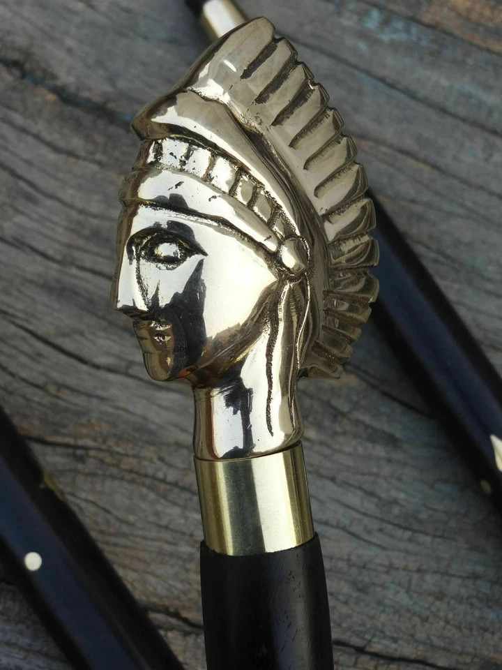 Antique Style Victorian Cane Wooden Walking Stick Vintage Solid Brass Handle Gif