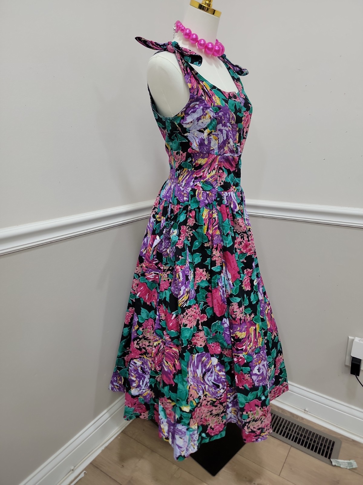 VTG 80s Floral Dress Tie Shoulder Midi Full Skirt Button Front Tea Garden