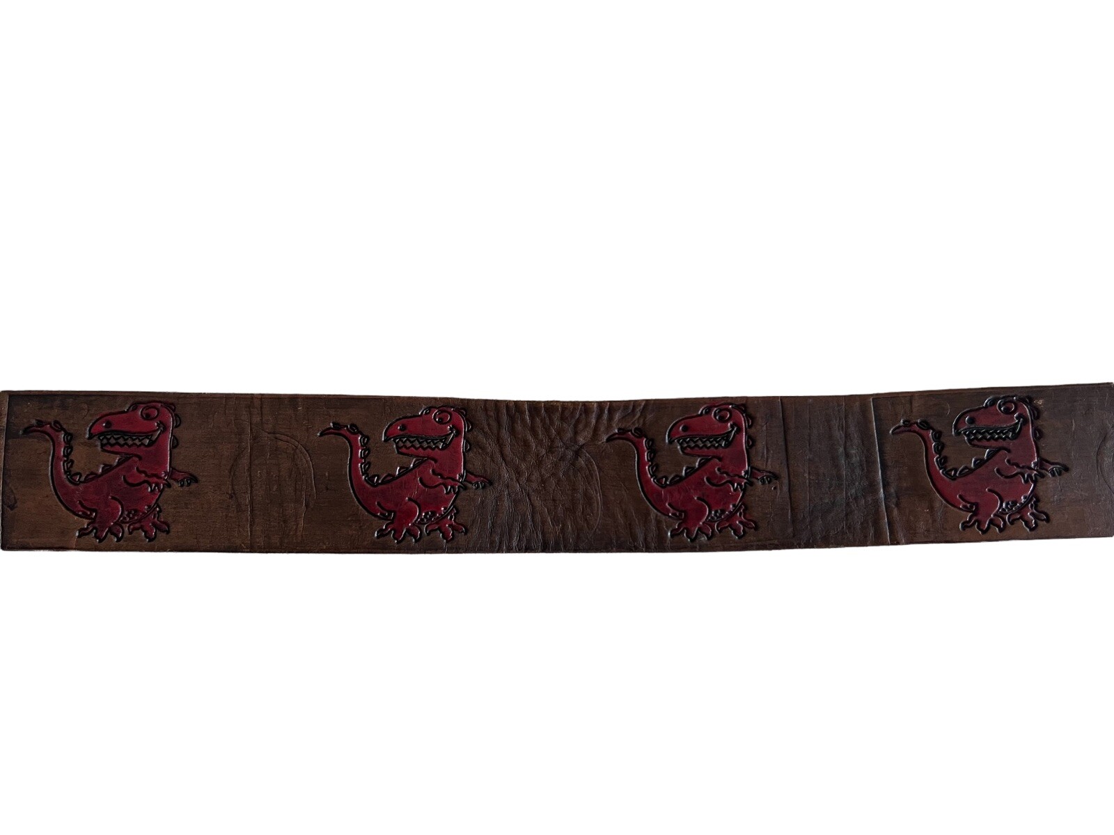 Fiorucci Vintage Kids Brown Leather Red T-Rex Engraved Logo Belt Size M 24-30
