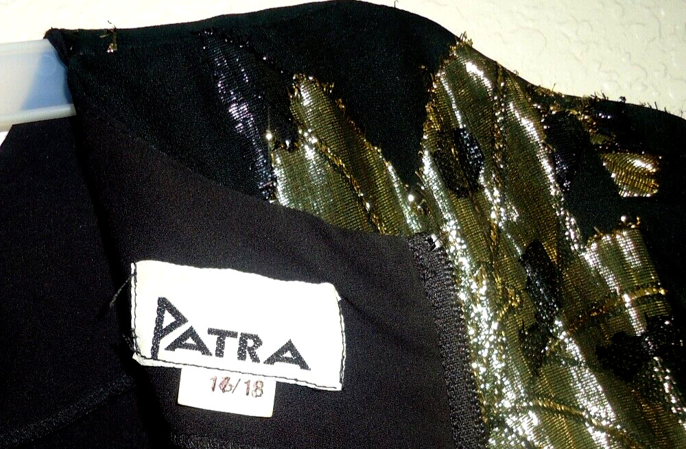 VINTAGE PATRA GOLD METALLIC FLORAL OVER BLACK DRESSY TUNIC & BLACK SATIN SKIRT