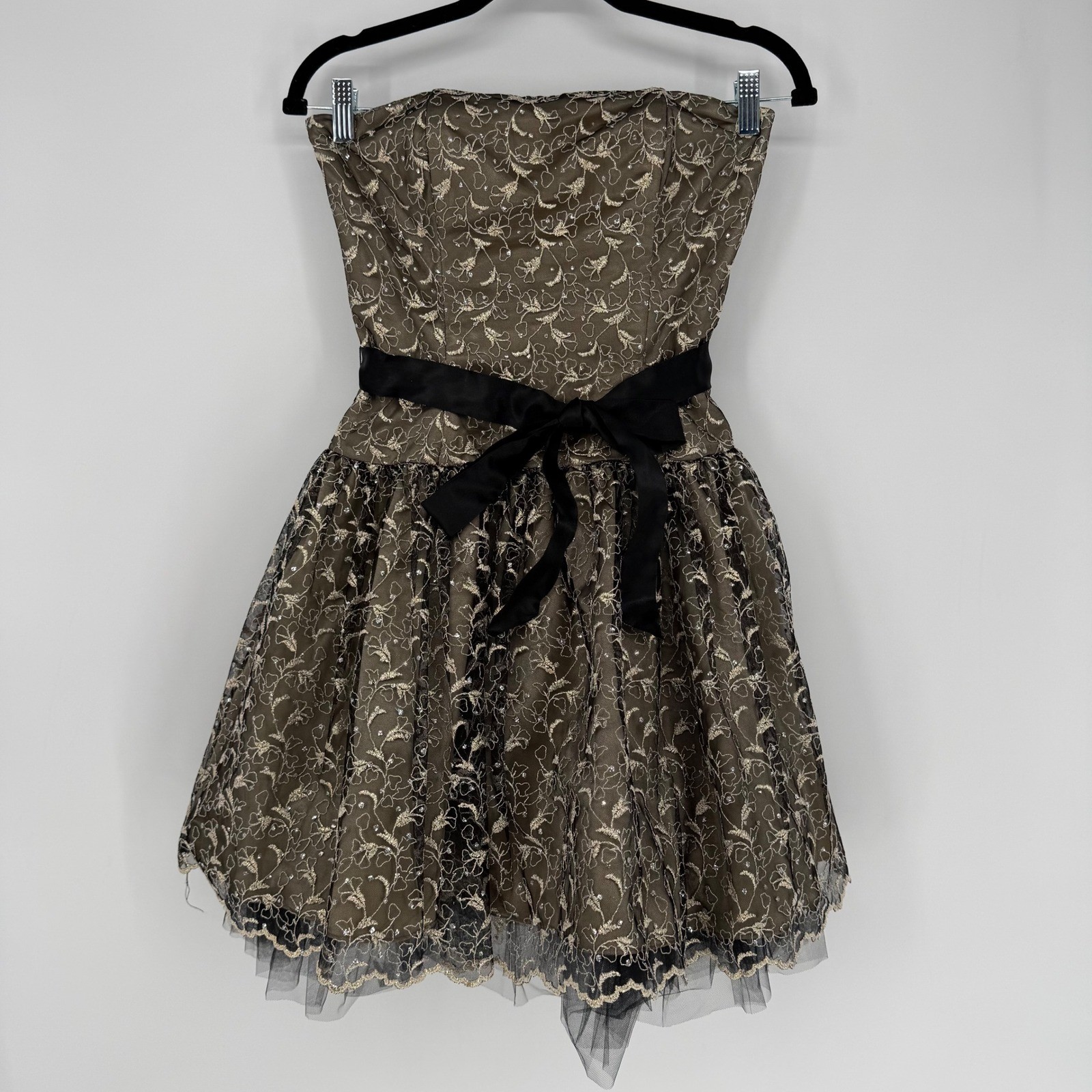JESSICA MCCLINTOCK VINTAGE STRAPLESS MINI PARTY DRESS BLACK GOLD TULLE SKIRT 4