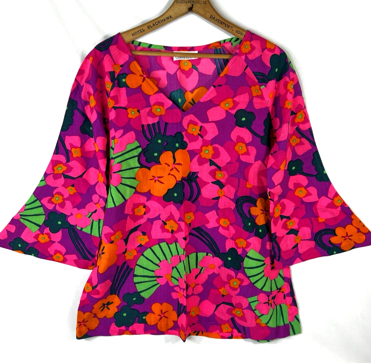 Vtg 60s Groovy Psychedelic Micro Mini Dress Bell Sleeve Floral Hippy Mod Go-Go