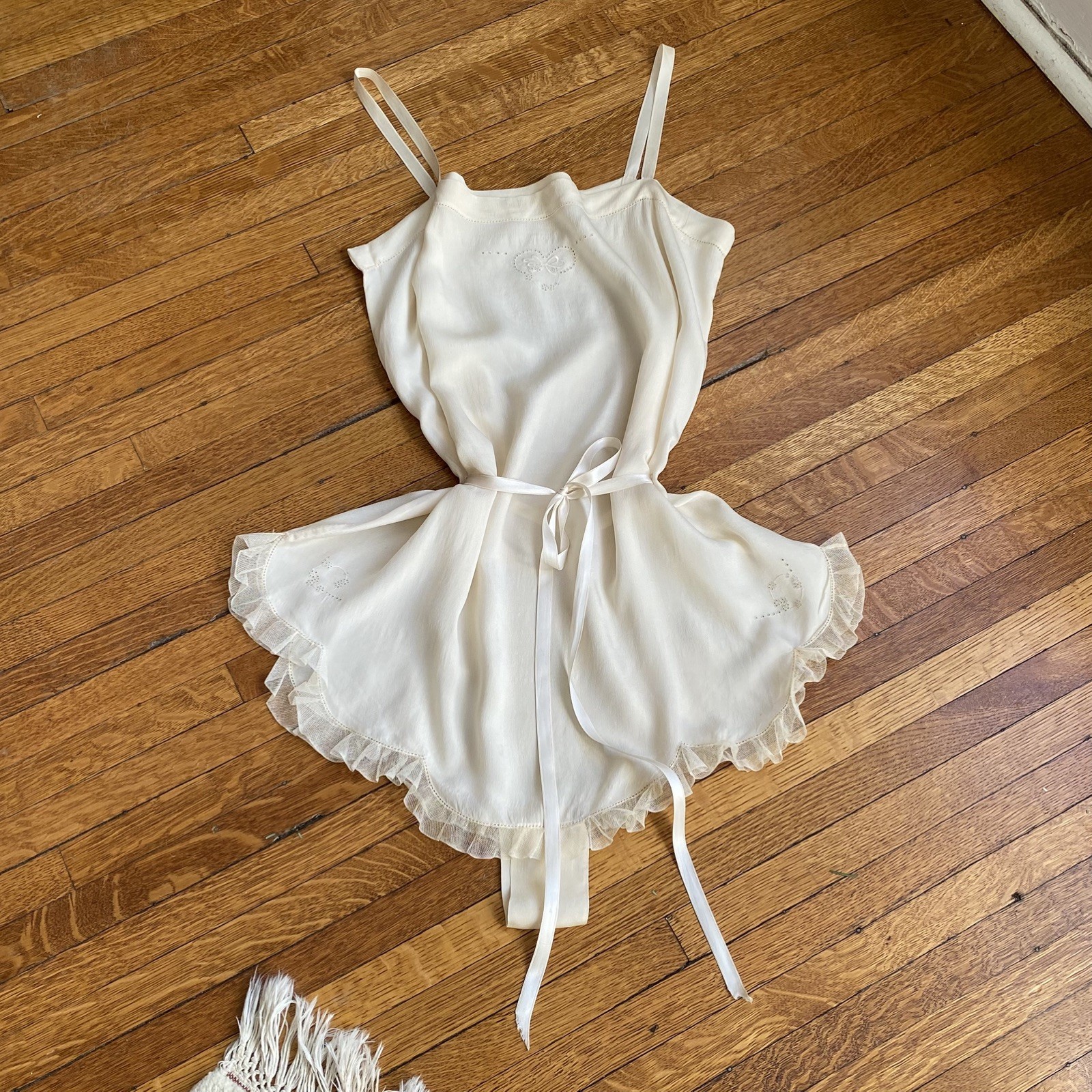 Vintage 20s 30s Ivory Step-In Slip Romper Hand Embroidered Eyelet Lace Lingerie