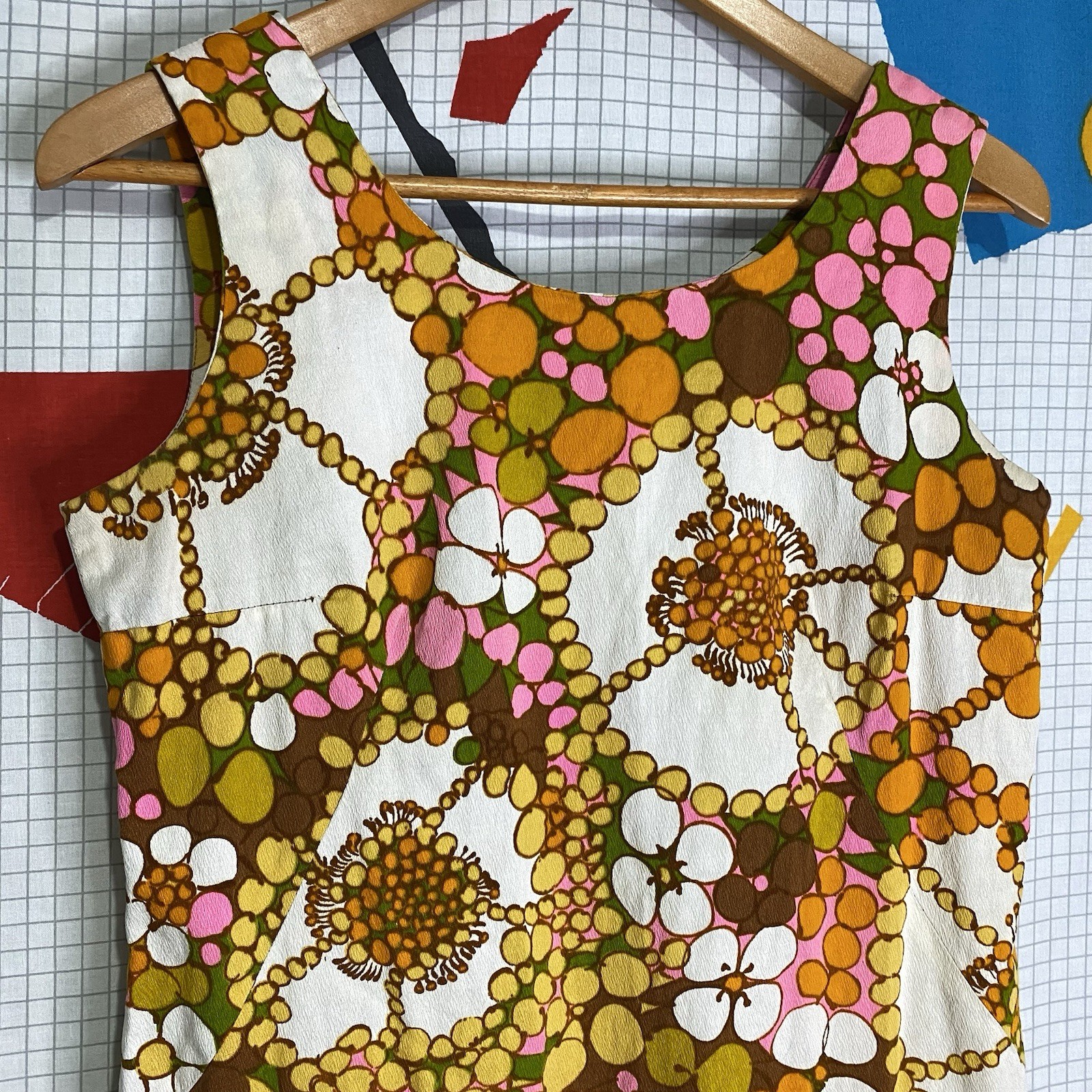 Vintage 60s Mod Mini Dress Gogo Floral Medium Hawaiian Cotton Bark Cloth Hippie
