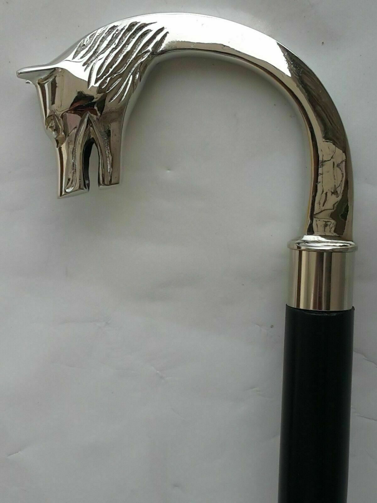 Walking stick Victorian Silver Brass Wolf Head Handle Wooden Shaft Nautical Cane