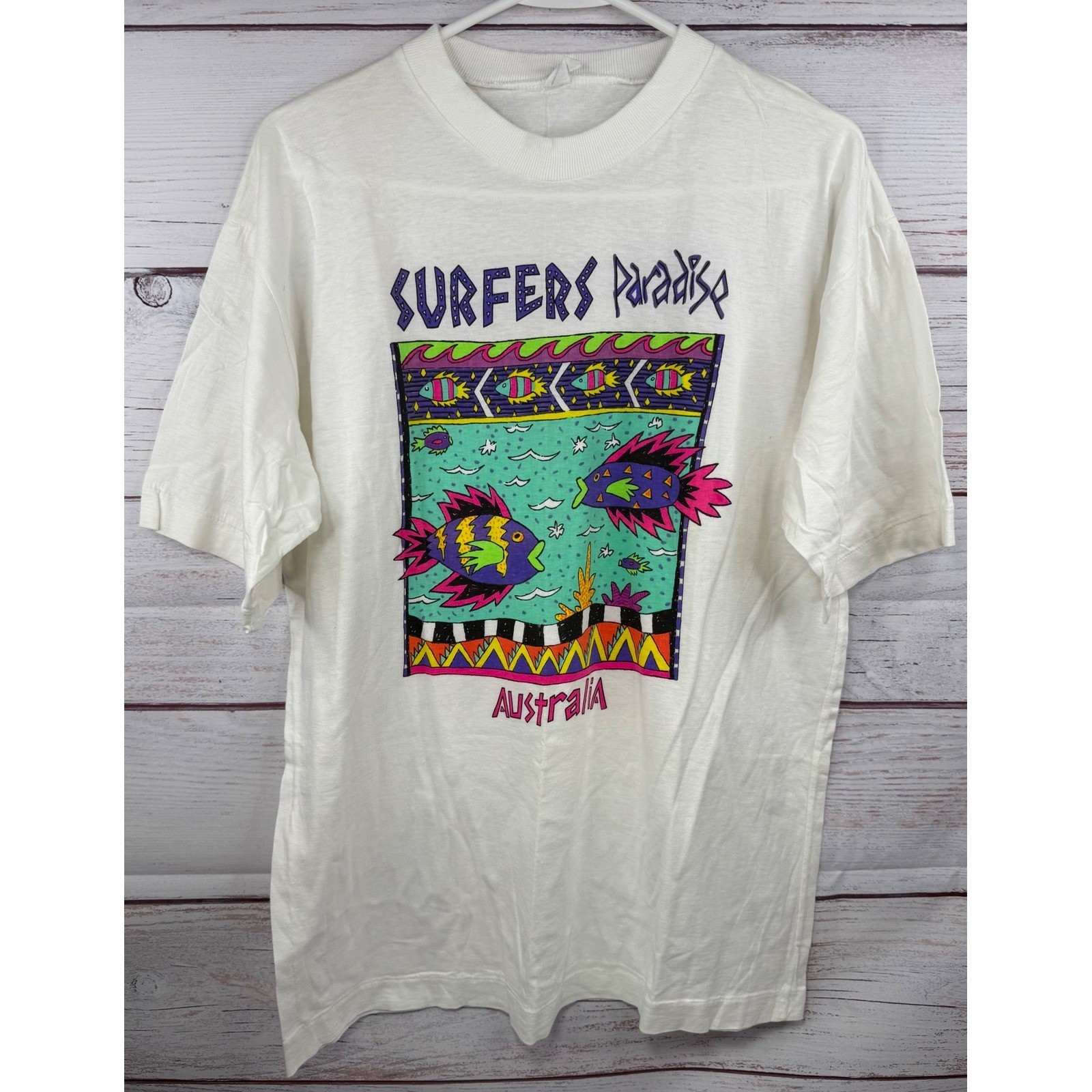 Vintage Surfers Paradise Australia Graphic T-Shirt White Cotton Size L 90s Surf
