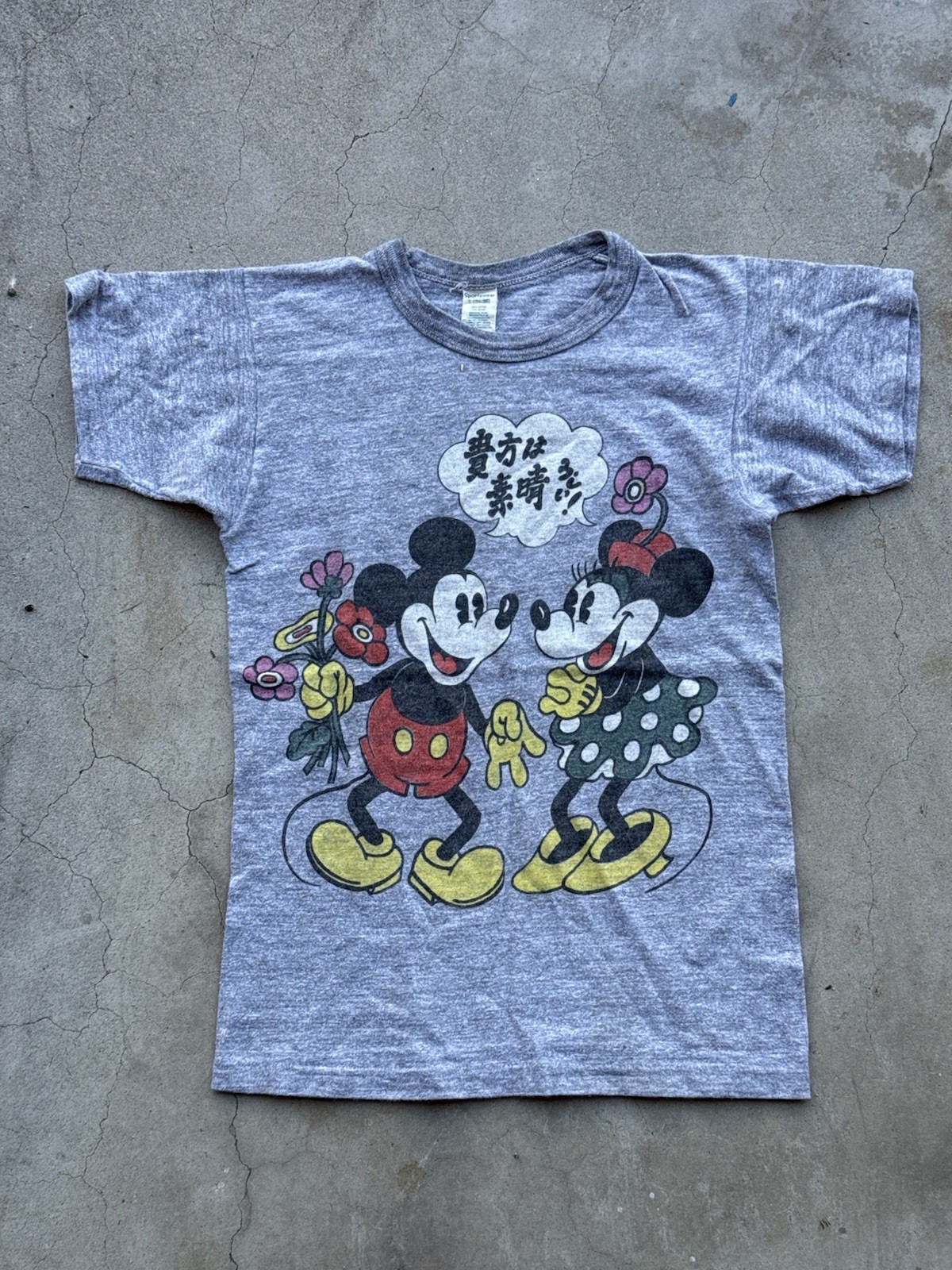 Vintage 70s Disney Mickey Minnie Mouse T Shirt Japanese Flowers Grey Sportswear