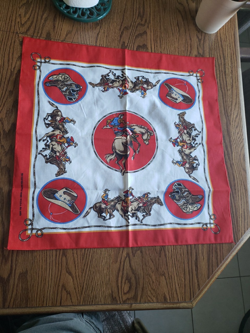 VTG Rodeo Cowboy Scarf 21″ x 21″ Bandanna Handkerchief Western Horse Bronco USA