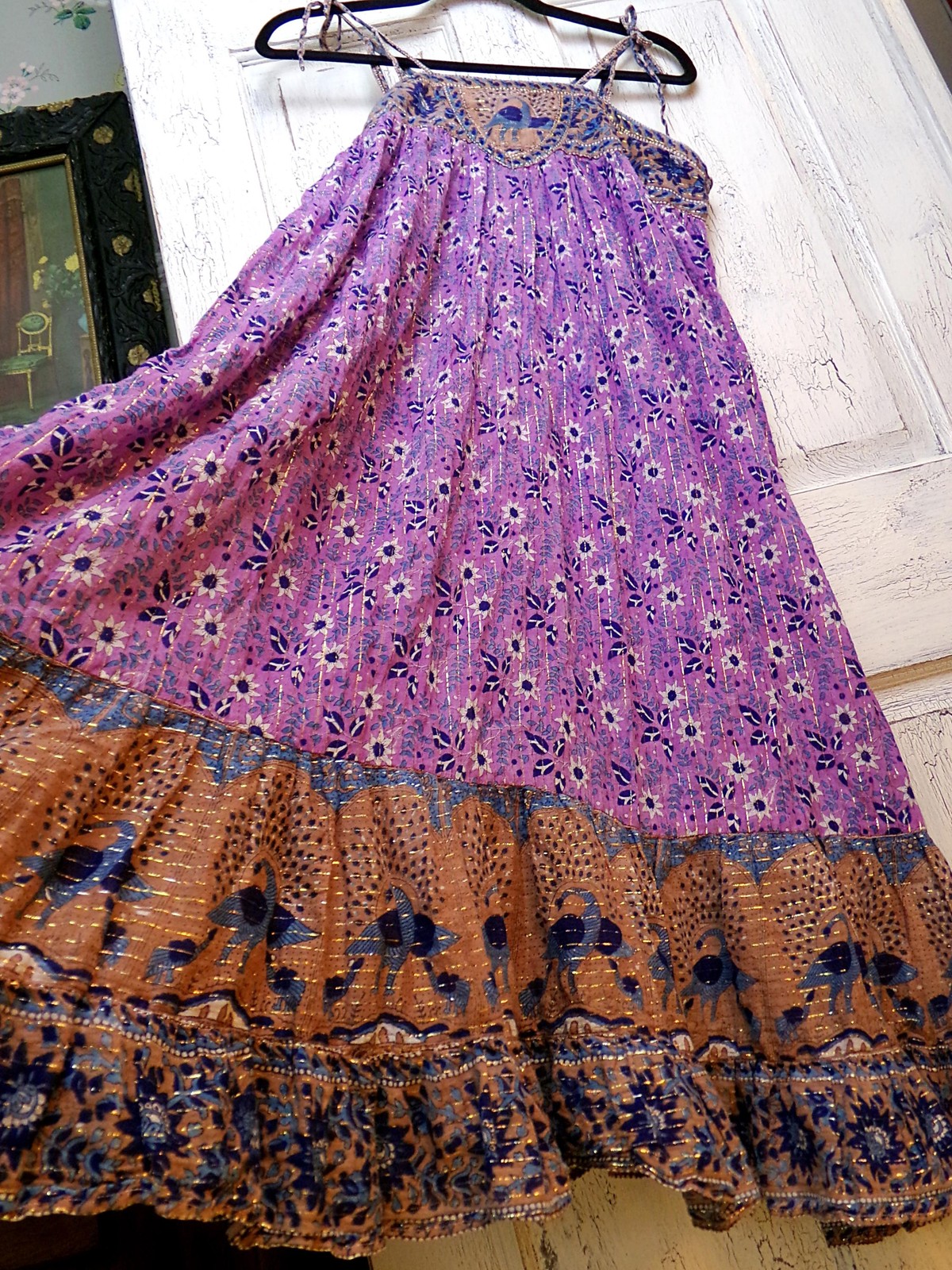 vtg Starina Paris dress, rare 1970s India boho golden peacock gauze sundress, S