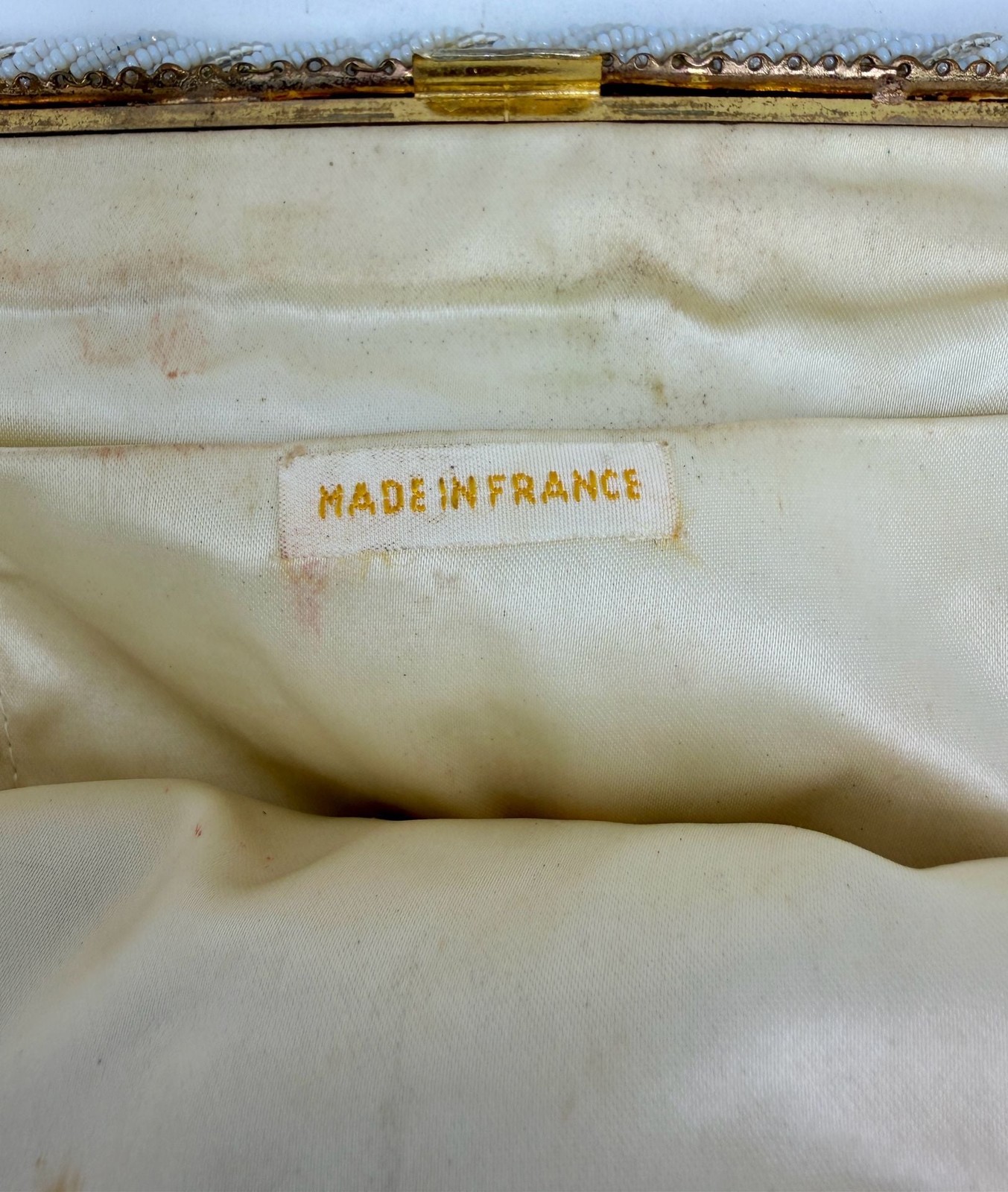Vintage Mid-Century White Evening Bag Hand-Beaded in France with Gold-Tone Frame