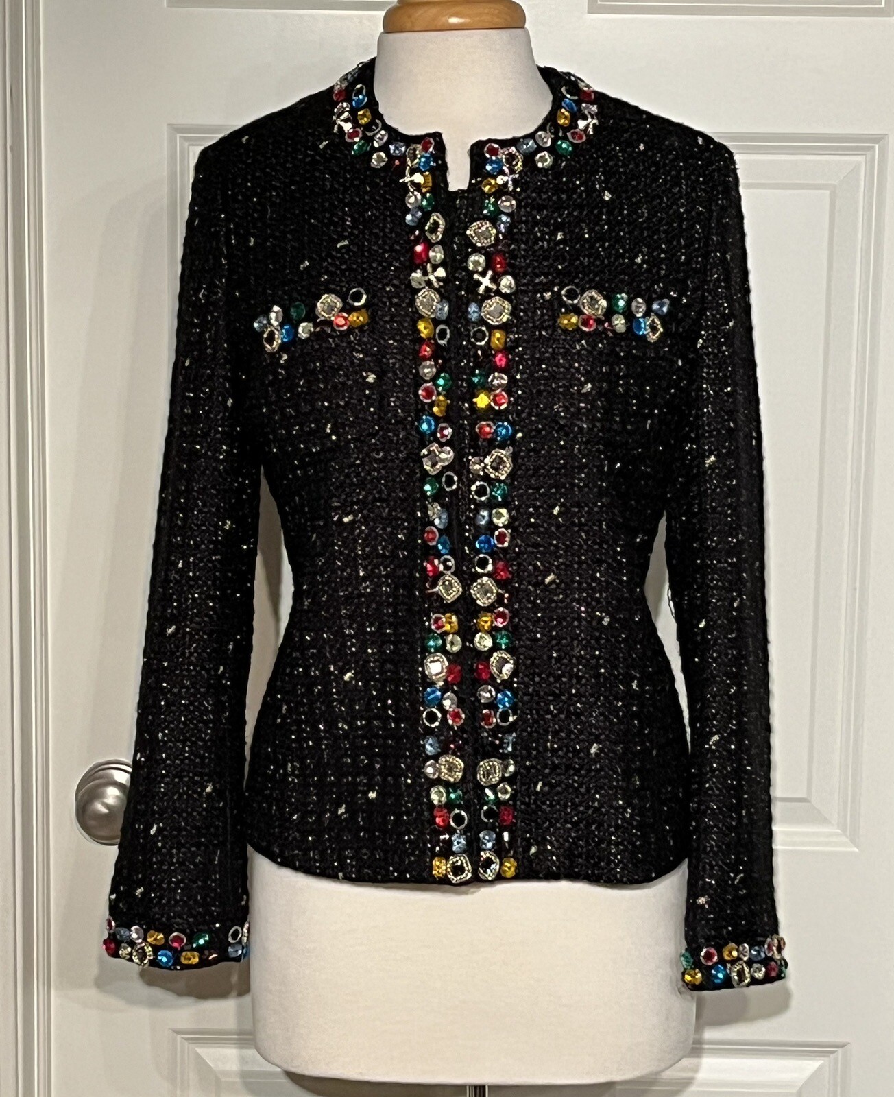 Vintage 80’s Berek Black Tweed Rainbow Jeweled Beaded Blazer Jacket Size M