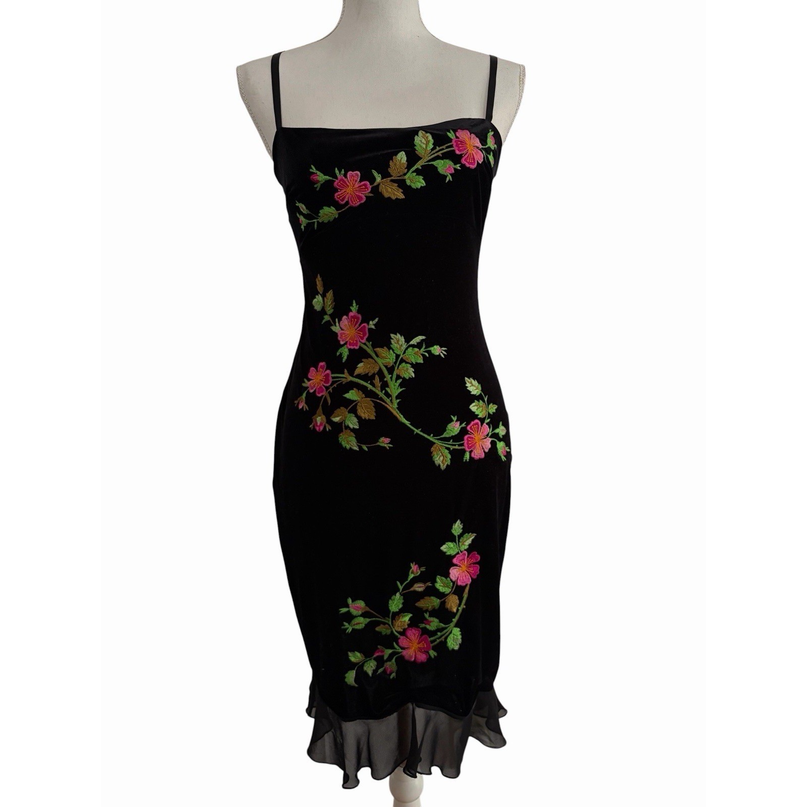 Vintage Betsey Johnson Small Black Embroidered Velvet Midi Dress 90s Fairy