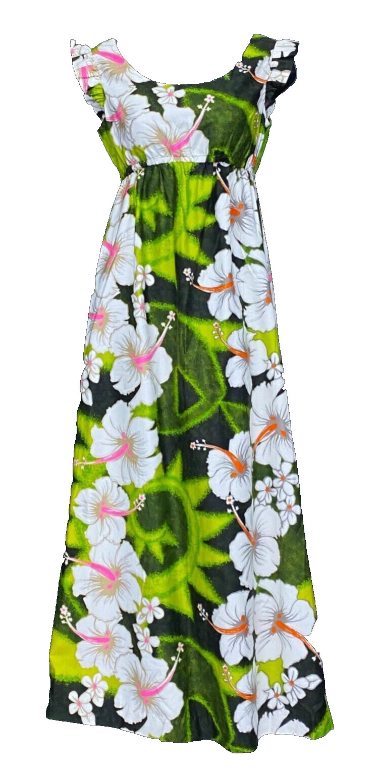 Vintage 1960s green Hawaiian dress, floral reptile flutter maxi cotton summer S
