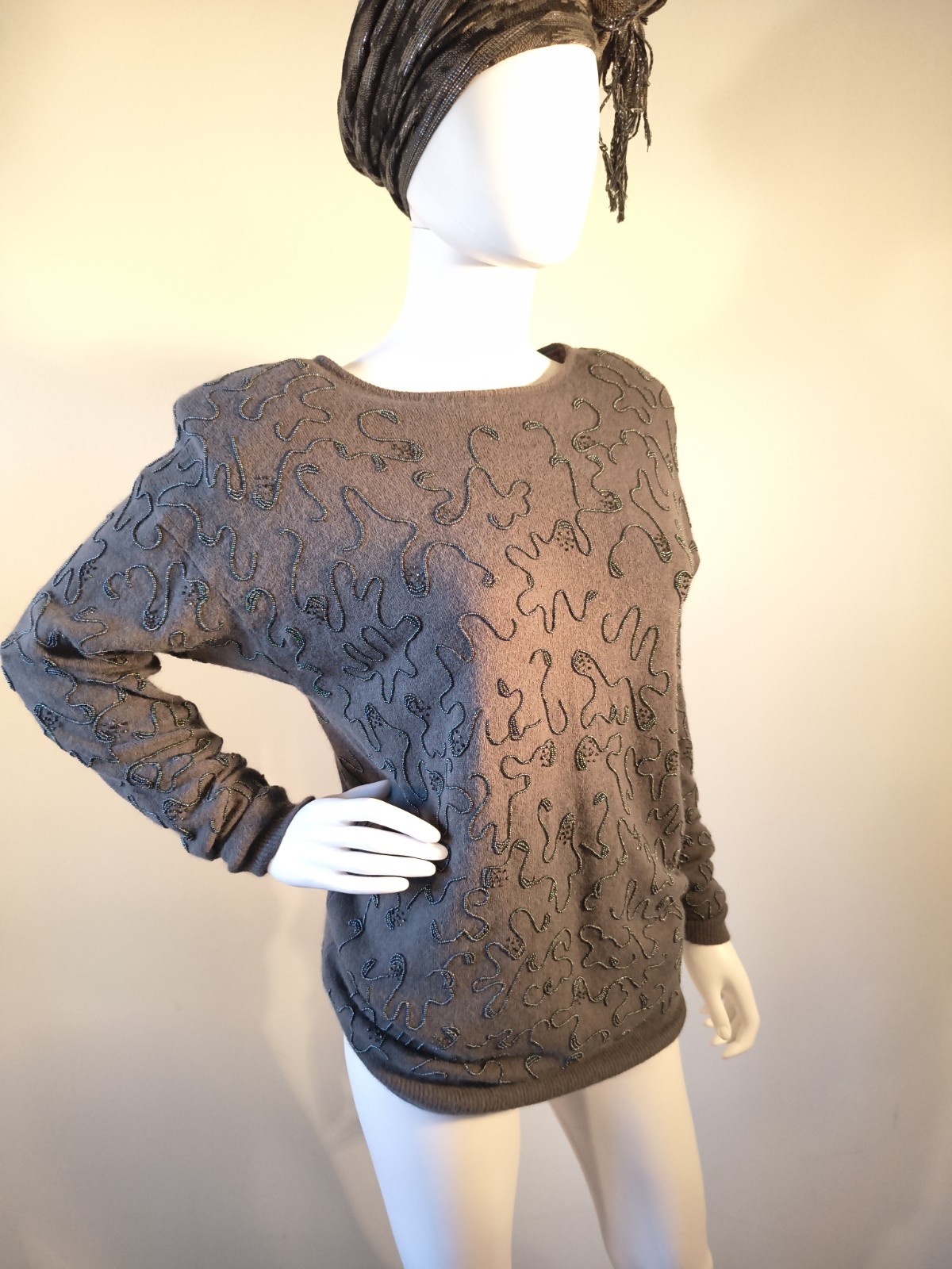 Vintage Angora & Lambswool Beaded Pullover Sweater C1980’s By Travini Sz sm