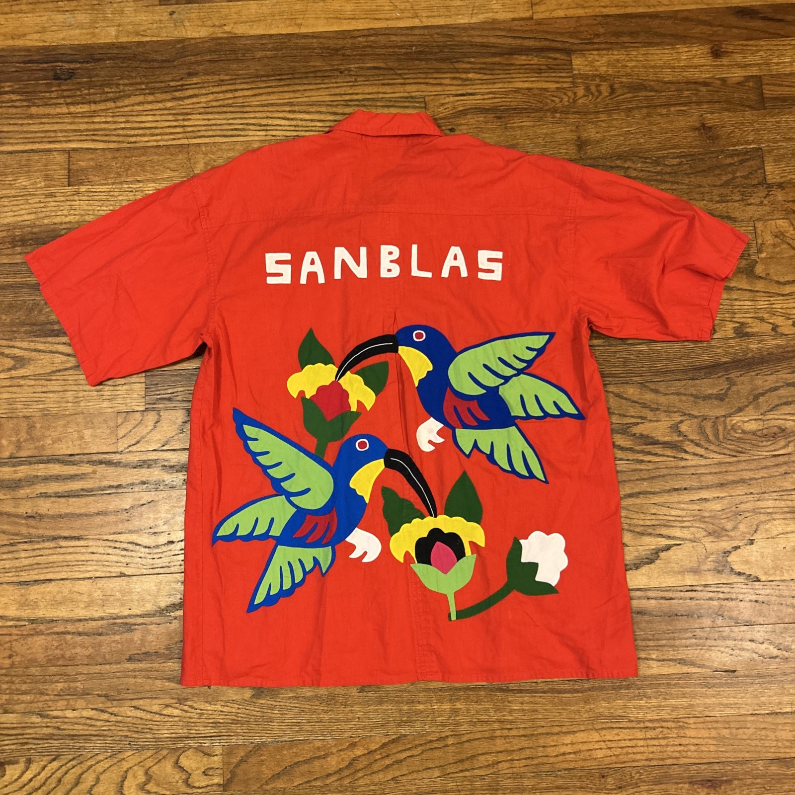 Vintage 90’s HAND APPLIQUE San Blas Red Shirt Dino Toulini Size Large