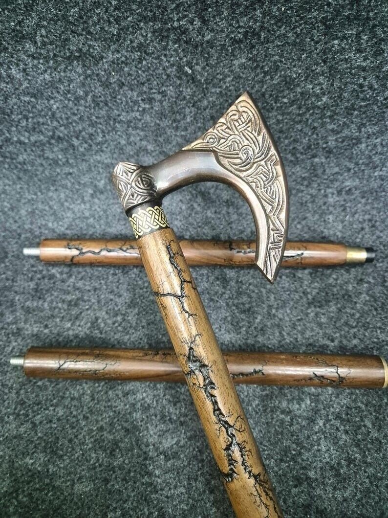 Vintage Copper Finish Axe Stylish Handle Handmade Wood Walking Stick Cane