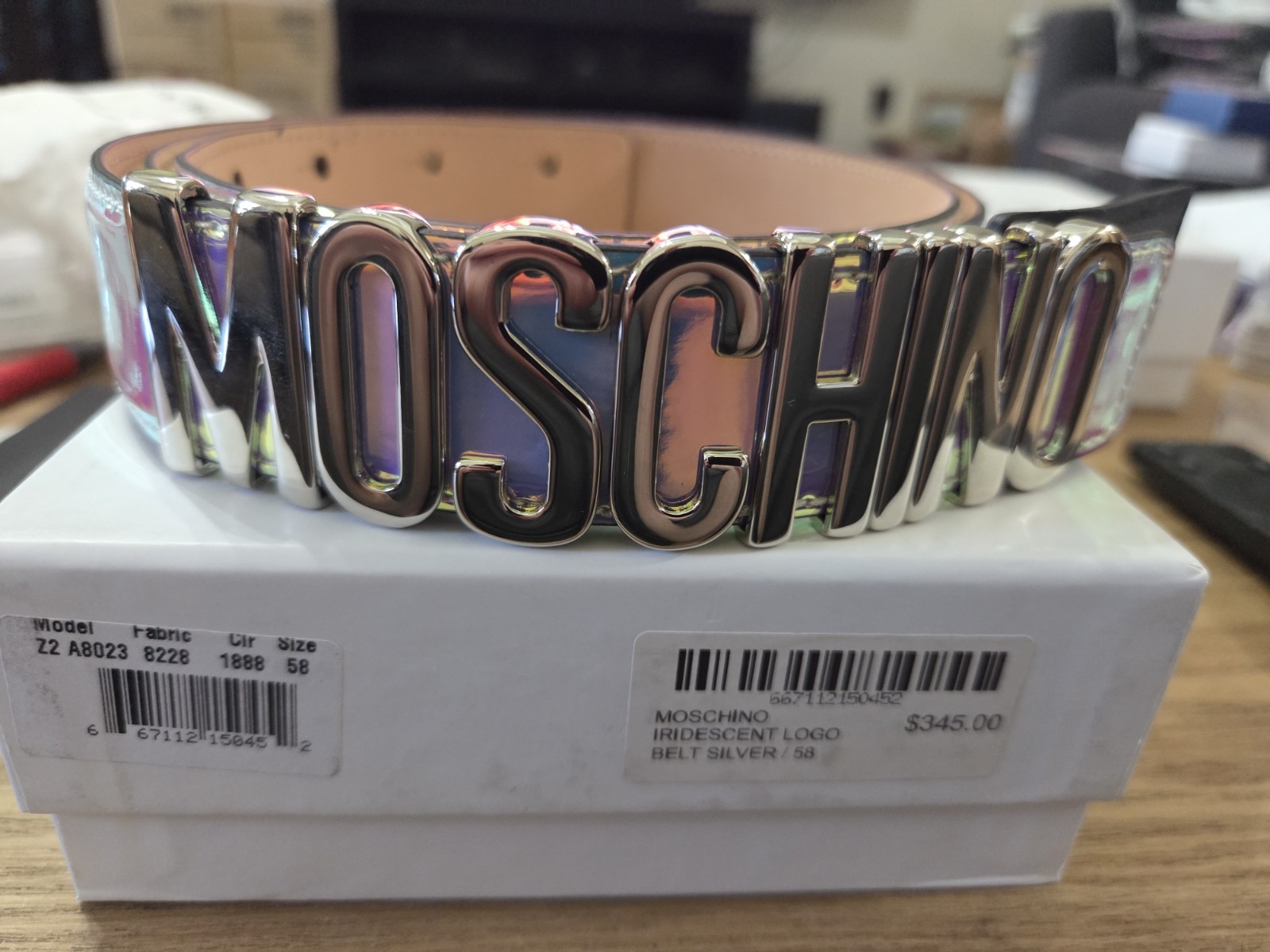 Moschino Couture Logo Silver Lettering Iridescent Belt Size 58 Z2 A8023