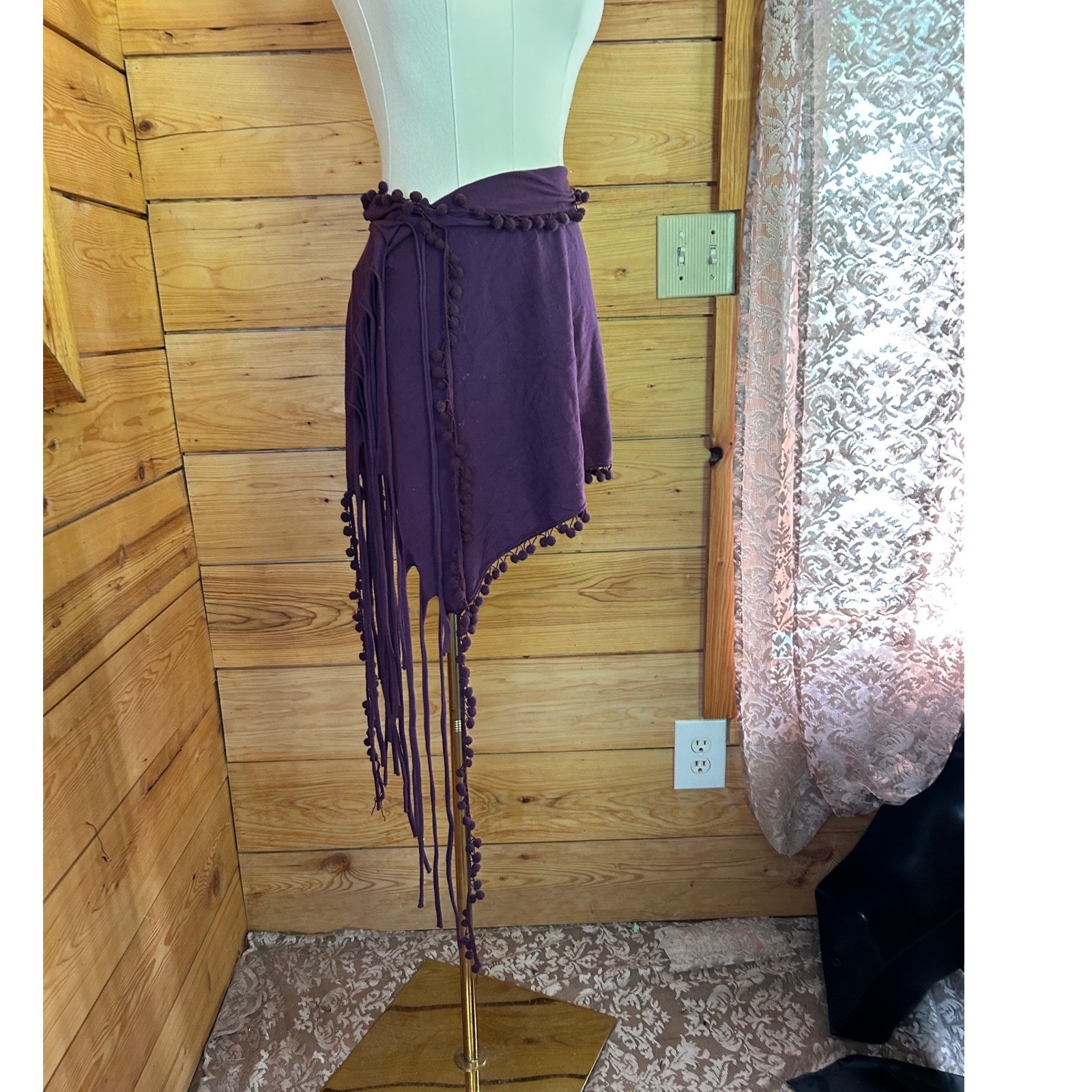Vintage Purple Convertible Multiway Wrap Top Skirt Scarf Boho Pom Pom Fringe Fes