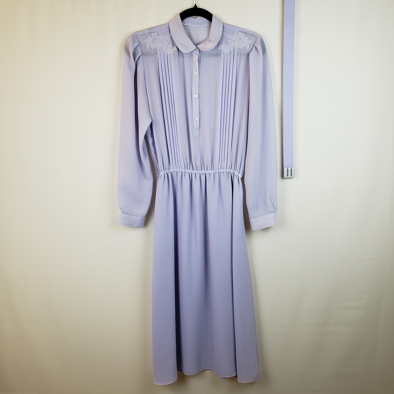 VTG 80s Dress S Chiffon Lilac Button Up Pleated Sheer Top Church Lady Secretary