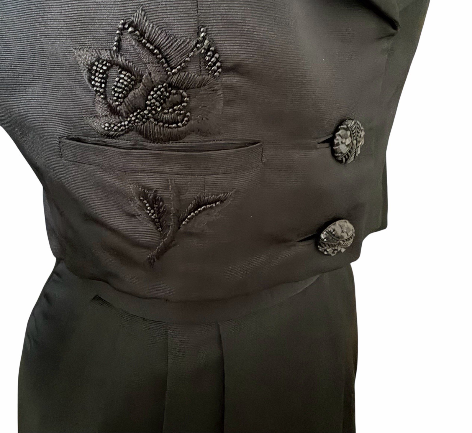 Vintage 1950s Black Tailored Skirt Suit With Cropped Jacket By Helen Rose