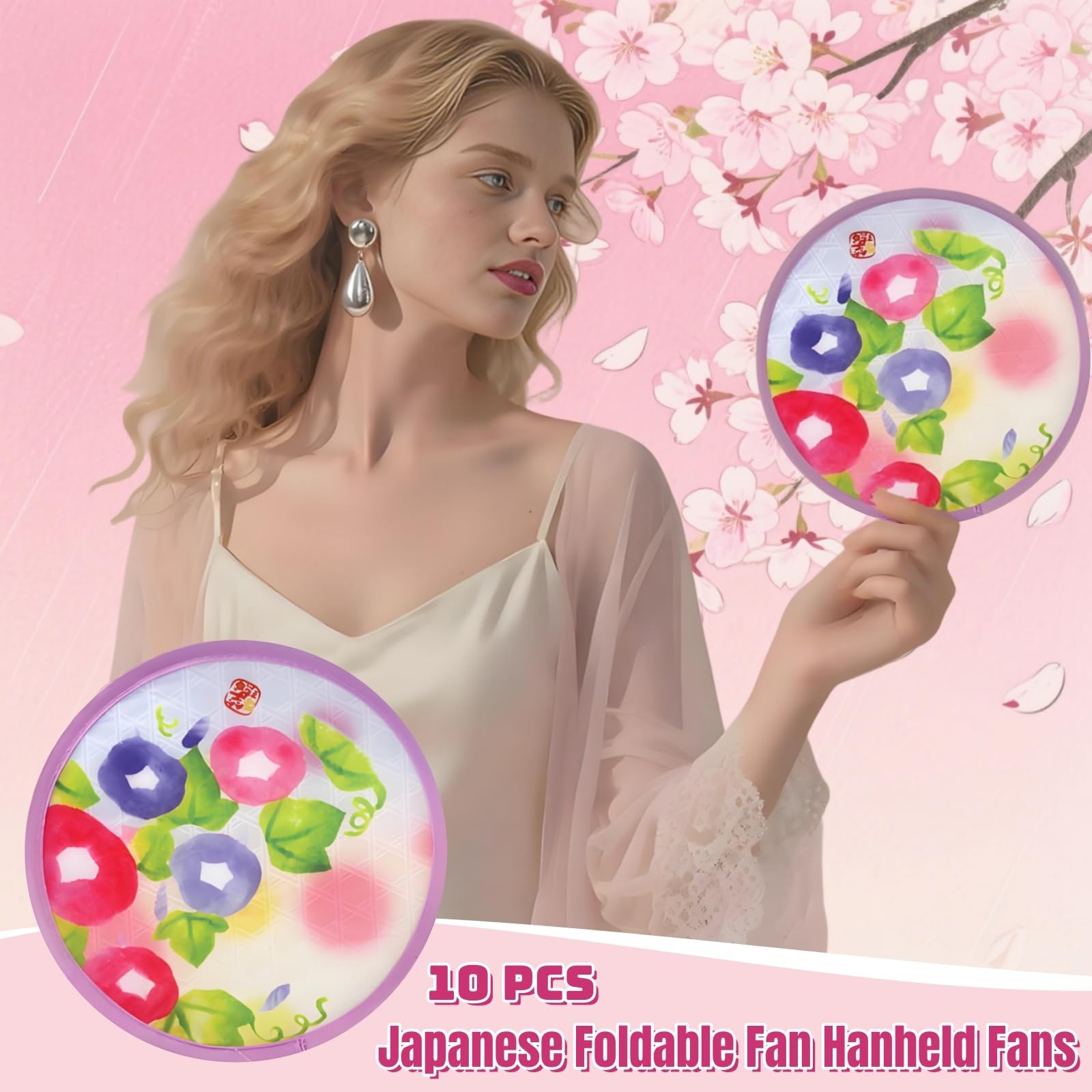 Collapsible Handheld Fans, Portable Round Japanese Foldable Fan Festival Decor