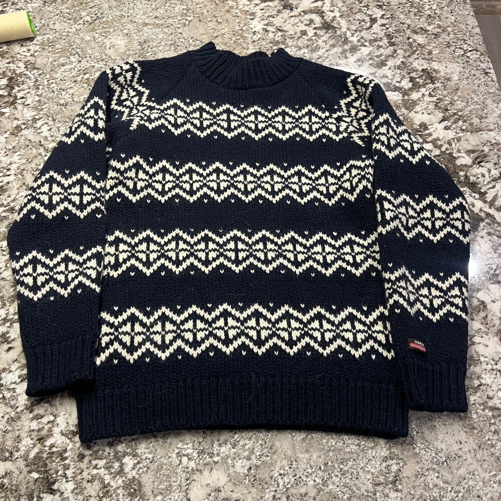 Vintage 1990s Norwool of Norway Pure Wool Fair Isle Sweater Navy Blue Large