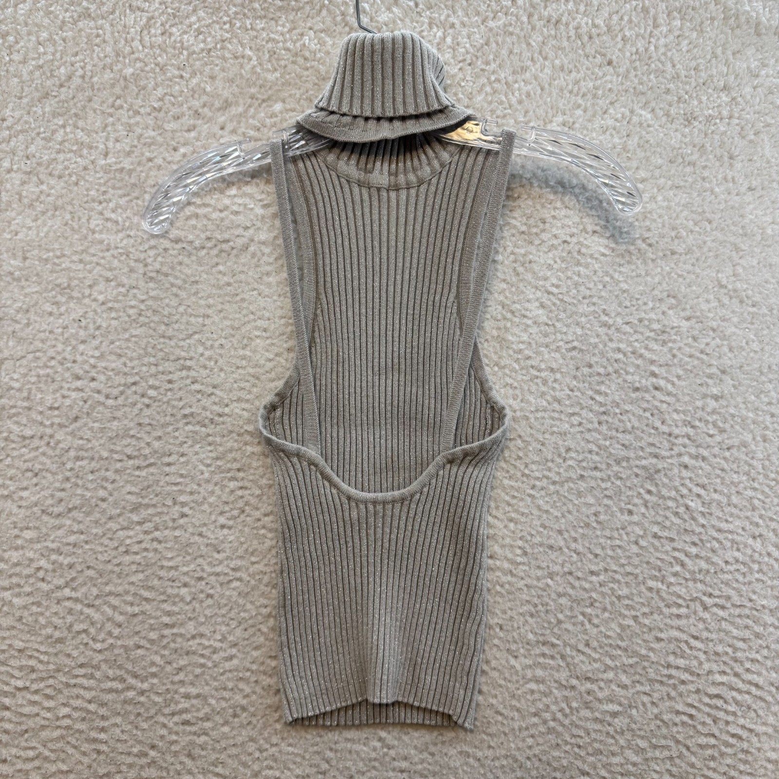 Y2K Vintage Express Backless Turtleneck Top Small Grey Silver Glittery Sparkly