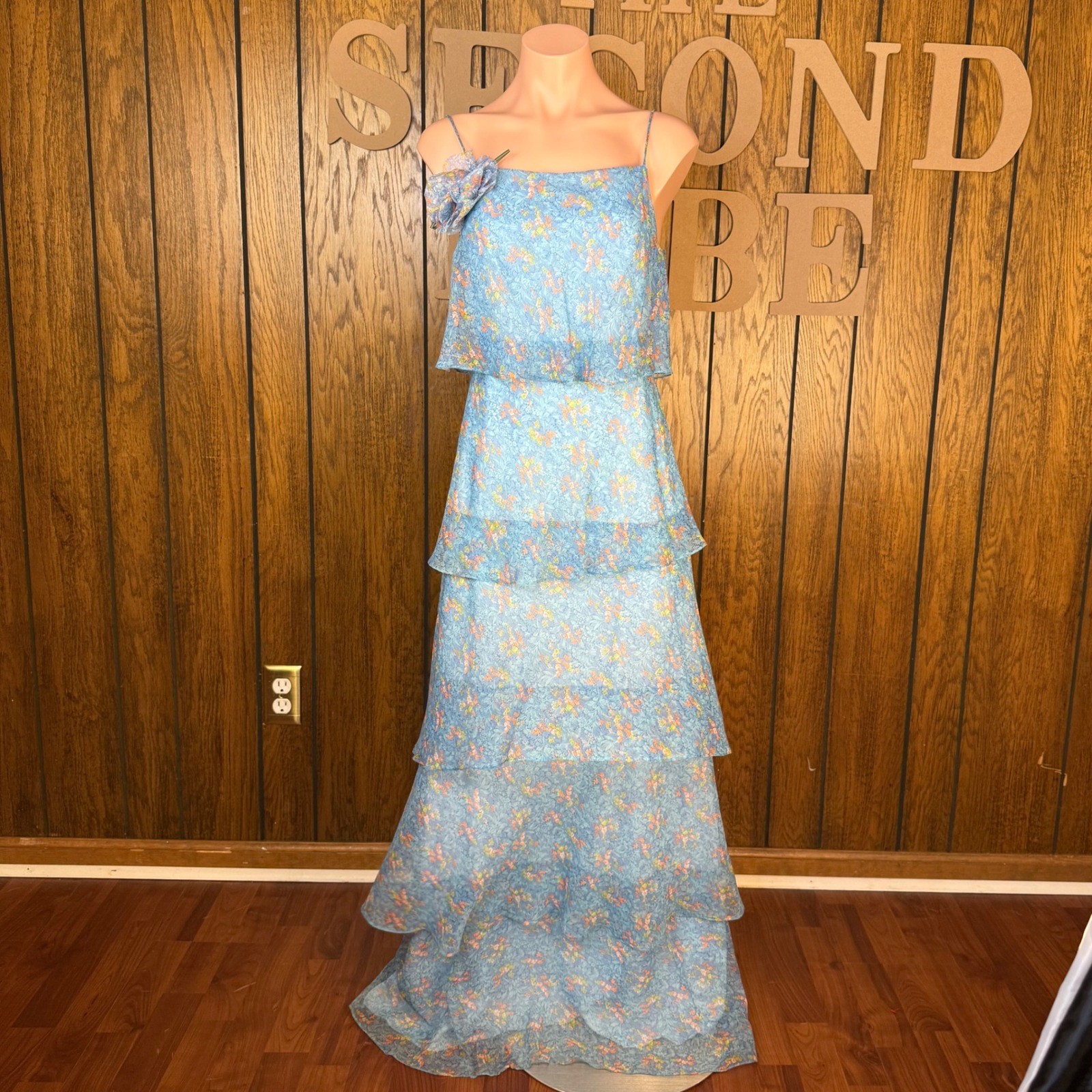 Vintage Floral Tiered Maxi Dress Size 12 Blue 80s Garden Dress Fairycore Cottage