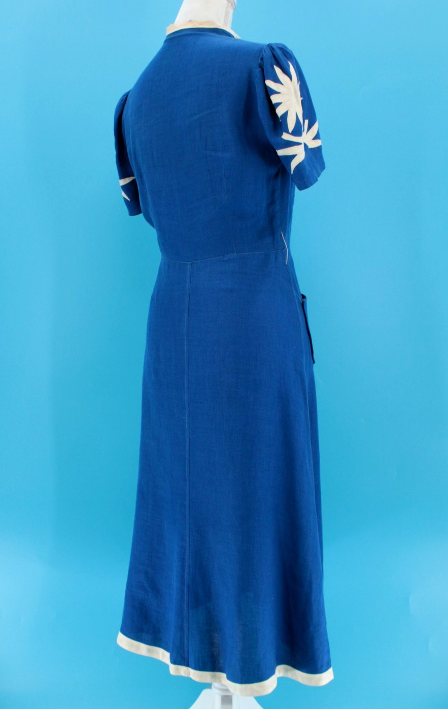 VTG Women’s 30s Royal Blue A Line Dress W/ Floral Applique’ Sleeves Sz S 1930s