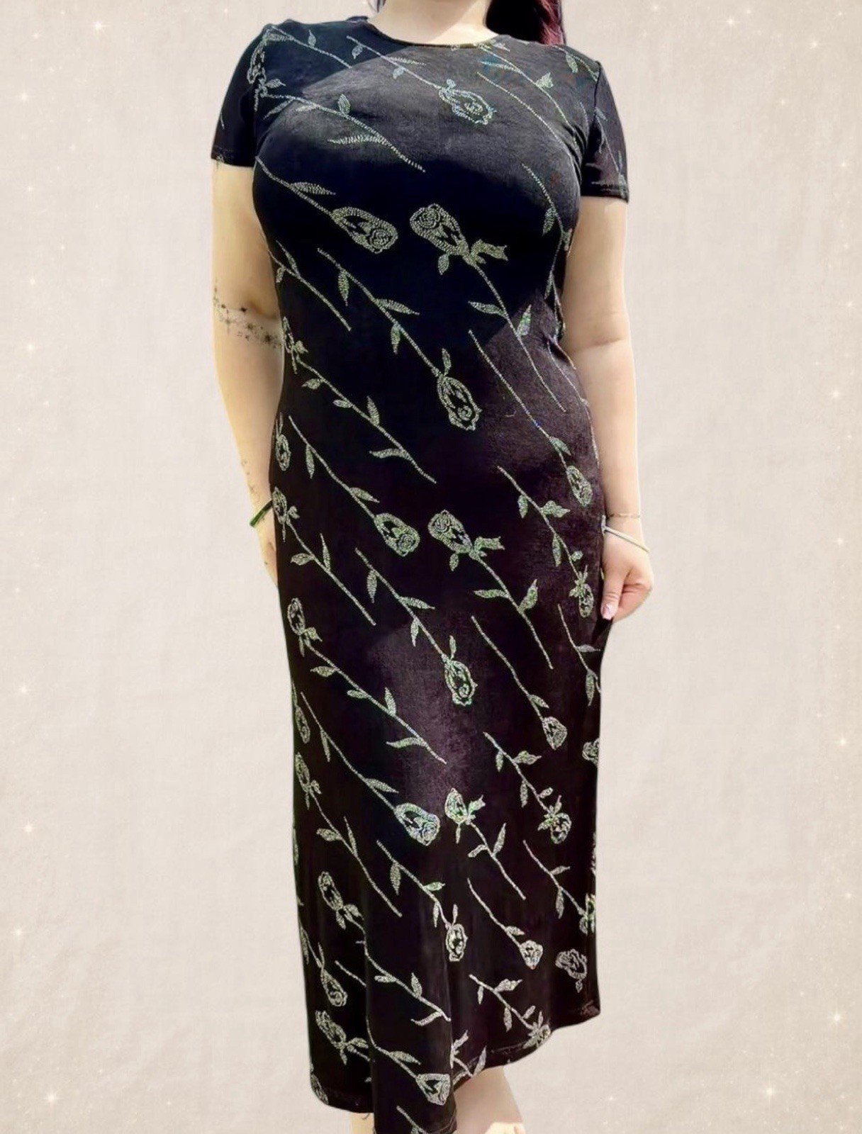 Vintage Molly Malloy Evening Black Rhinestone Rose Maxi Dress Women’s M Sparkle