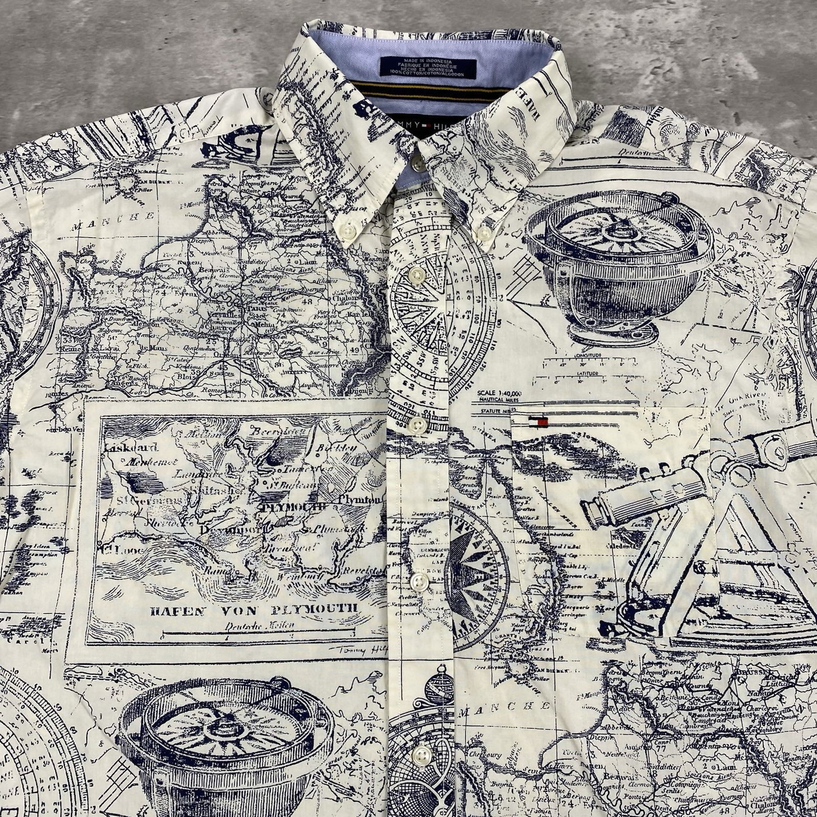 vintage TOMMY HILFIGER button down up shirt M nautical cartography print map y2k