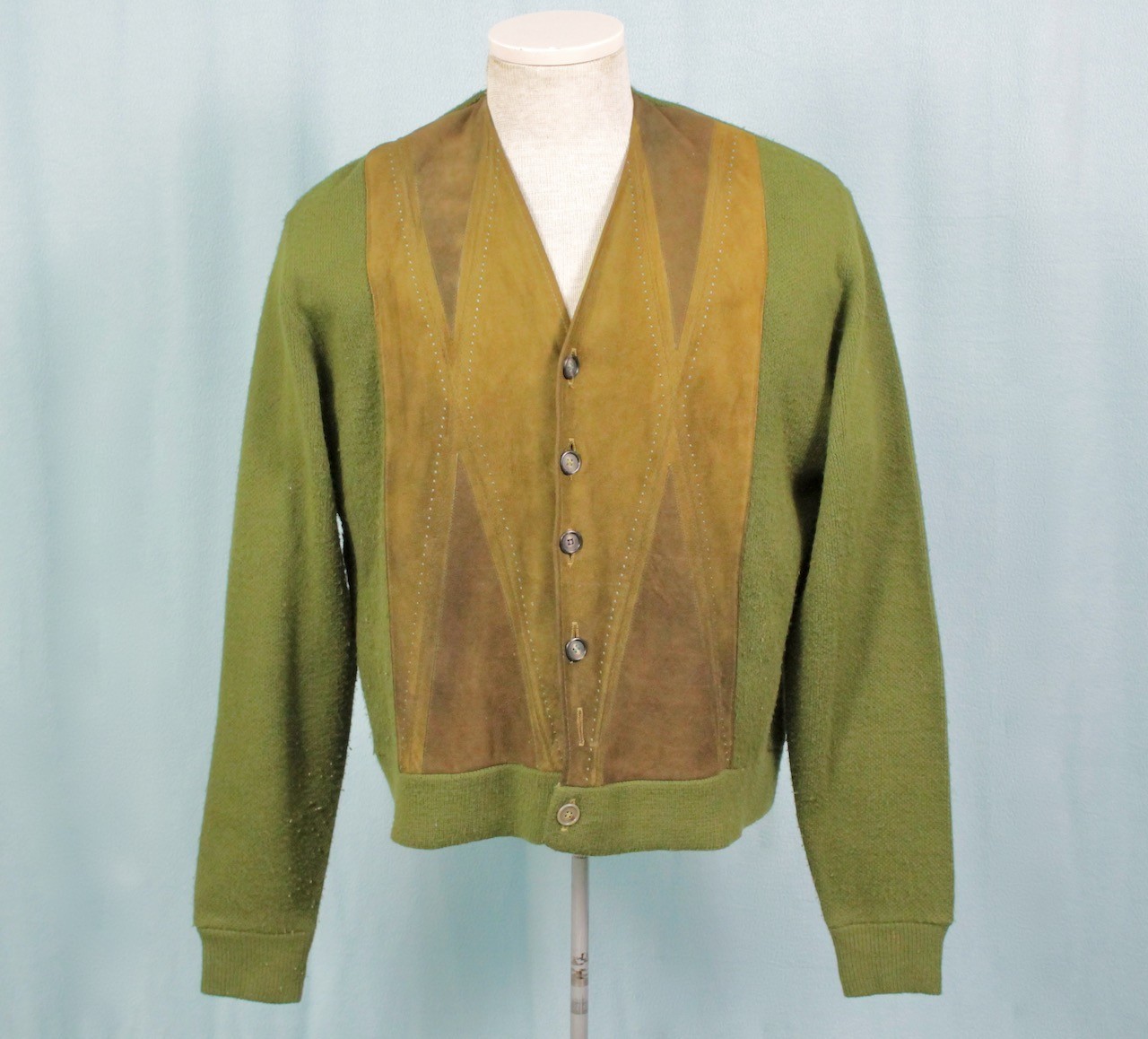 VTG Men’s 50s 60s Green & Brown Acrylic & Suede Cardigan Sz L 1950s1960s Sweater