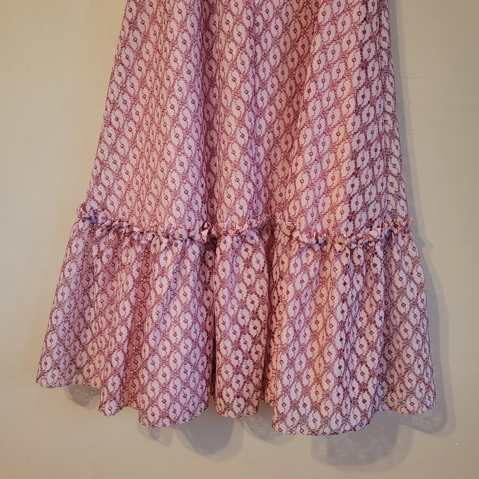 Vtg ILGWU Cottage Core Dress Pink Lace Maxi Ruffle/Layered Cap Sleeve Juniors 11