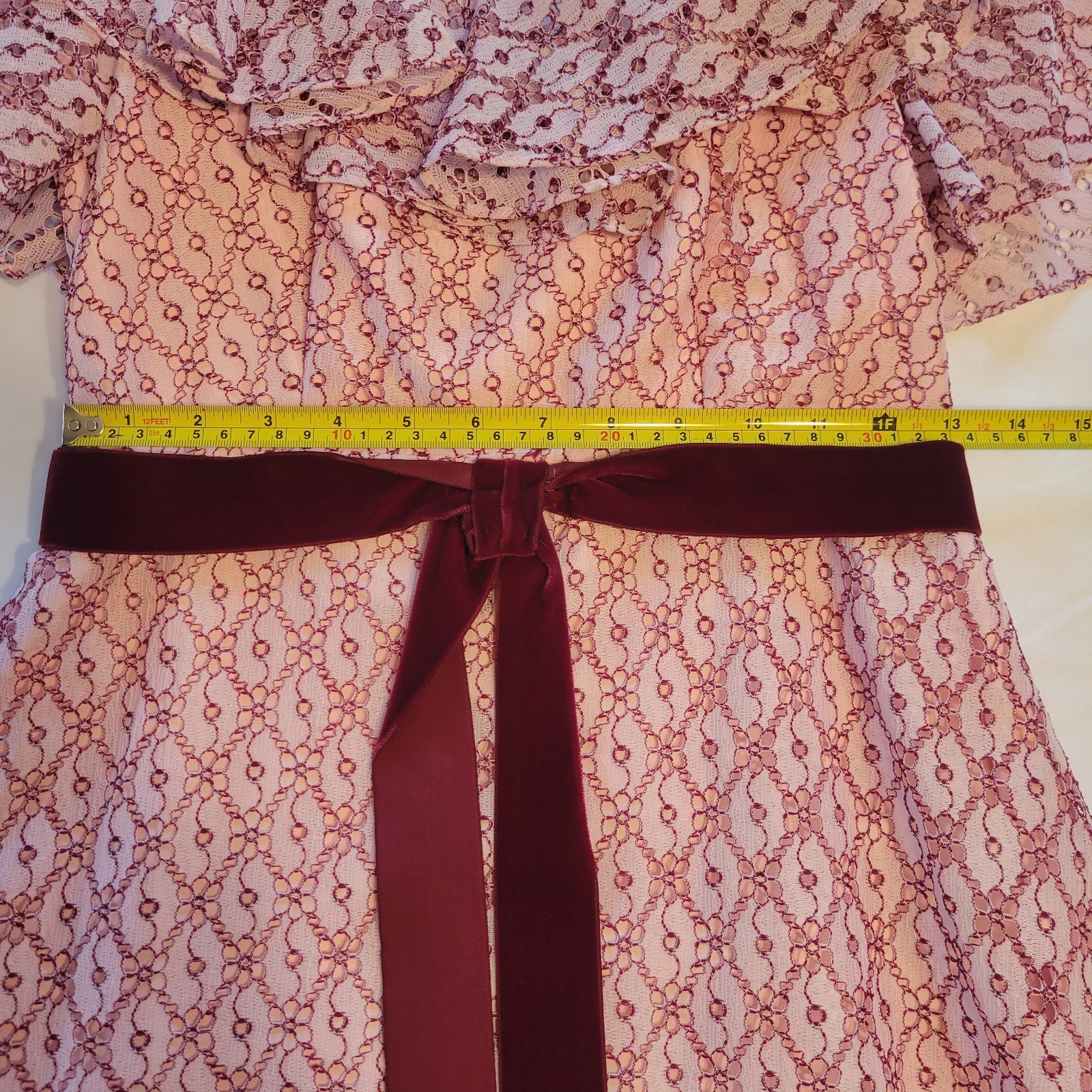 Vtg ILGWU Cottage Core Dress Pink Lace Maxi Ruffle/Layered Cap Sleeve Juniors 11
