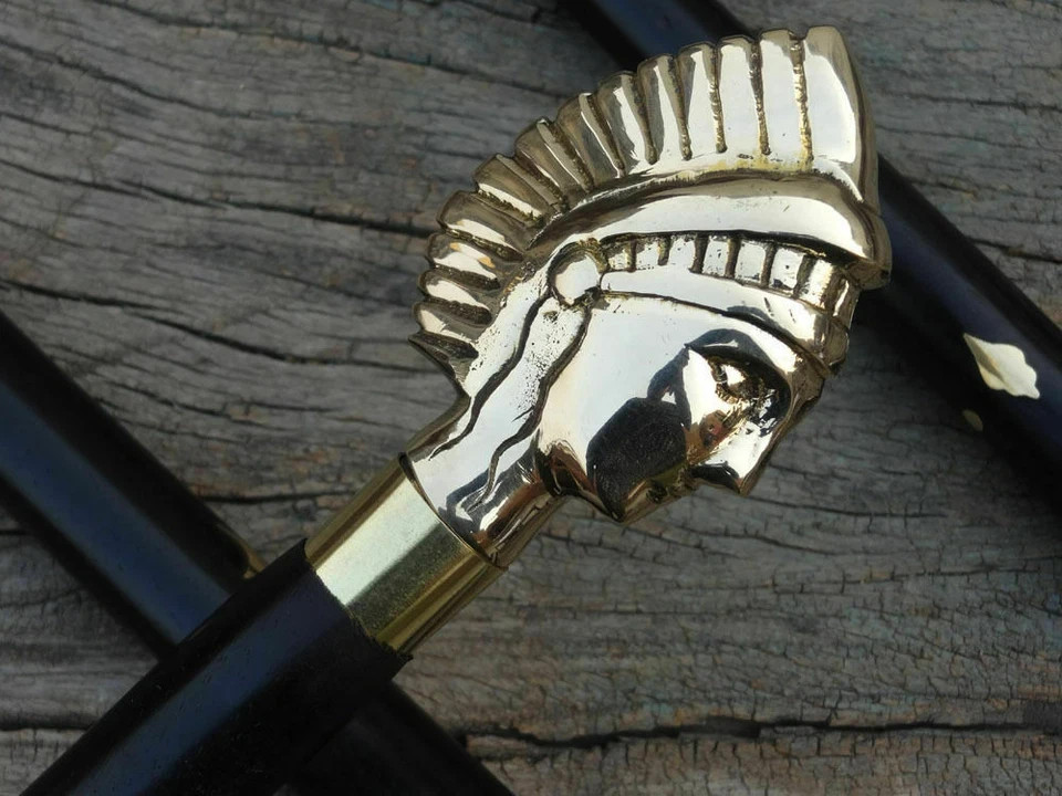 Antique Style Victorian Cane Wooden Walking Stick Vintage Solid Brass Handle Gif
