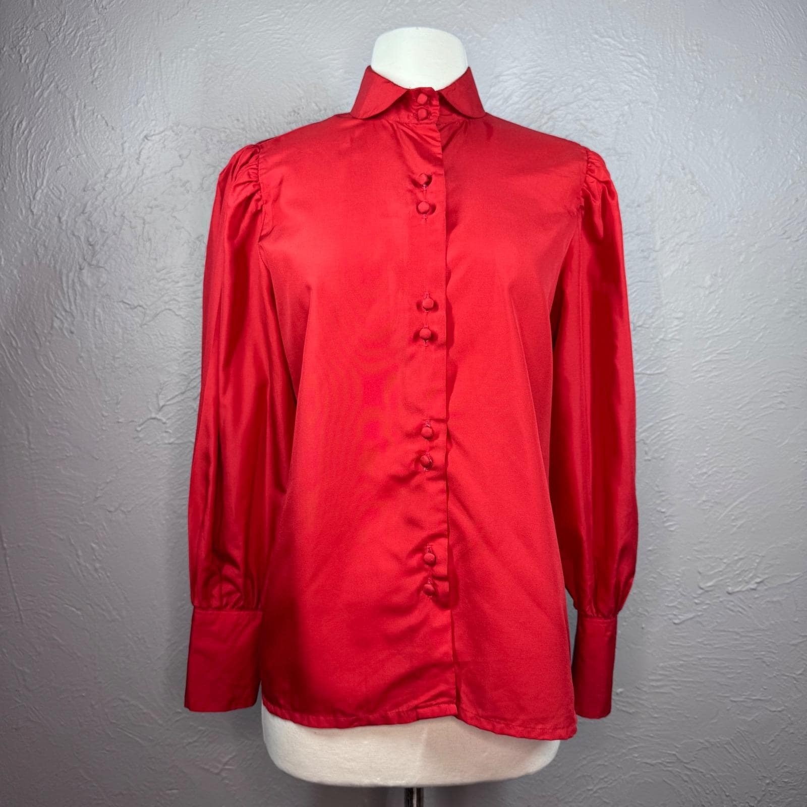 Vintage 80’s Women’s Large Red button up blouse wide button cuffs Retro Teacher