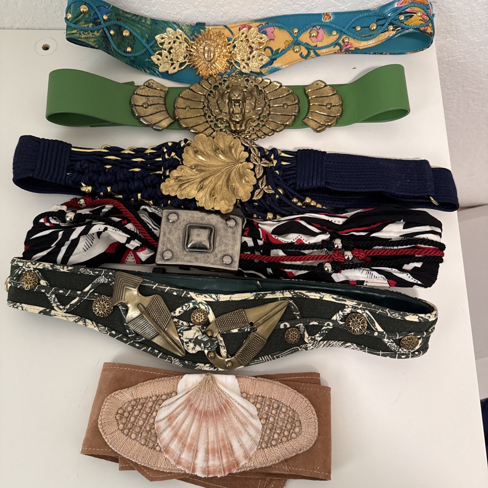 Set of 6 Vintage Belts Multi Colored w Metal Decor 35 In Long 70s 80s read