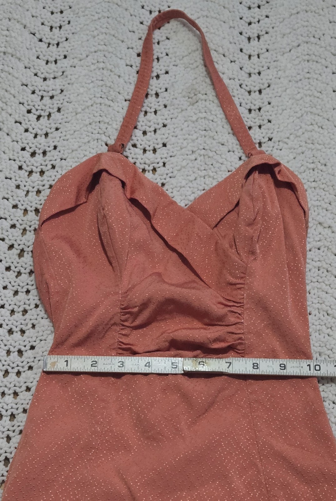 Vintage 1950s JANTZEN VAMP Women Pin Up Swim Suit Ruched Boning Sz 12 Coral Dots