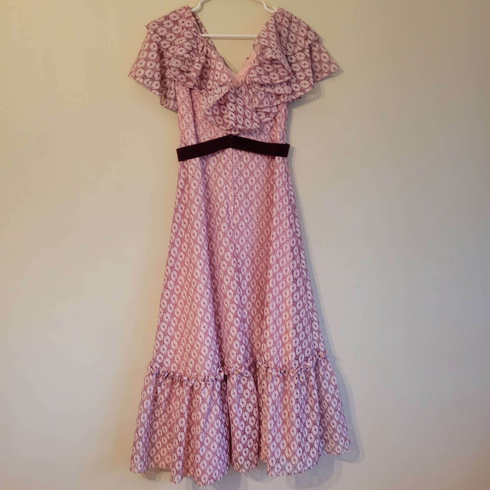Vtg ILGWU Cottage Core Dress Pink Lace Maxi Ruffle/Layered Cap Sleeve Juniors 11